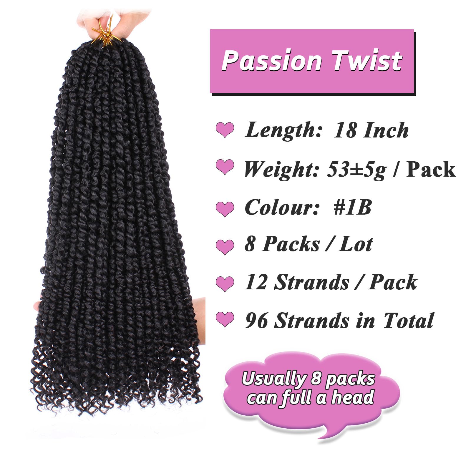 Samtress 18 Inch Passion Twist Crochet Hair 8 Packs Natural Black Pre Twisted Water Wave Crochet Braids Pre Looped Bohemian Curly Synthetic Braiding Hair for Women (#1B) - Image 2