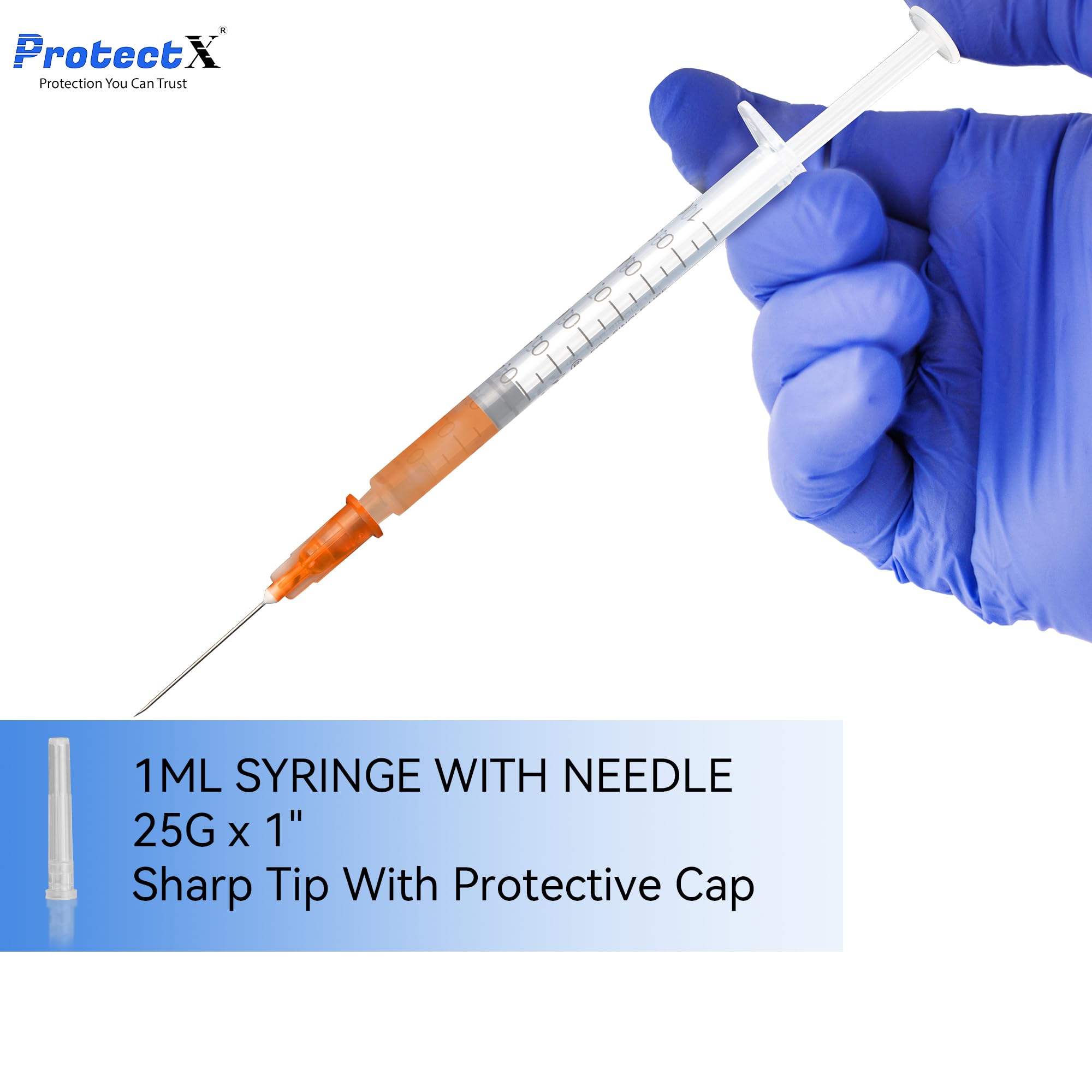 ProtectX 50 sztuk strzykawek 1 ml/cc z igłą 25G, jednorazowa strzykawka Luer Slip do laboratoriów naukowych, przemysłowe dozowanie artykułów dla zwierząt i zwierząt domowych, pakowane pojedynczo
