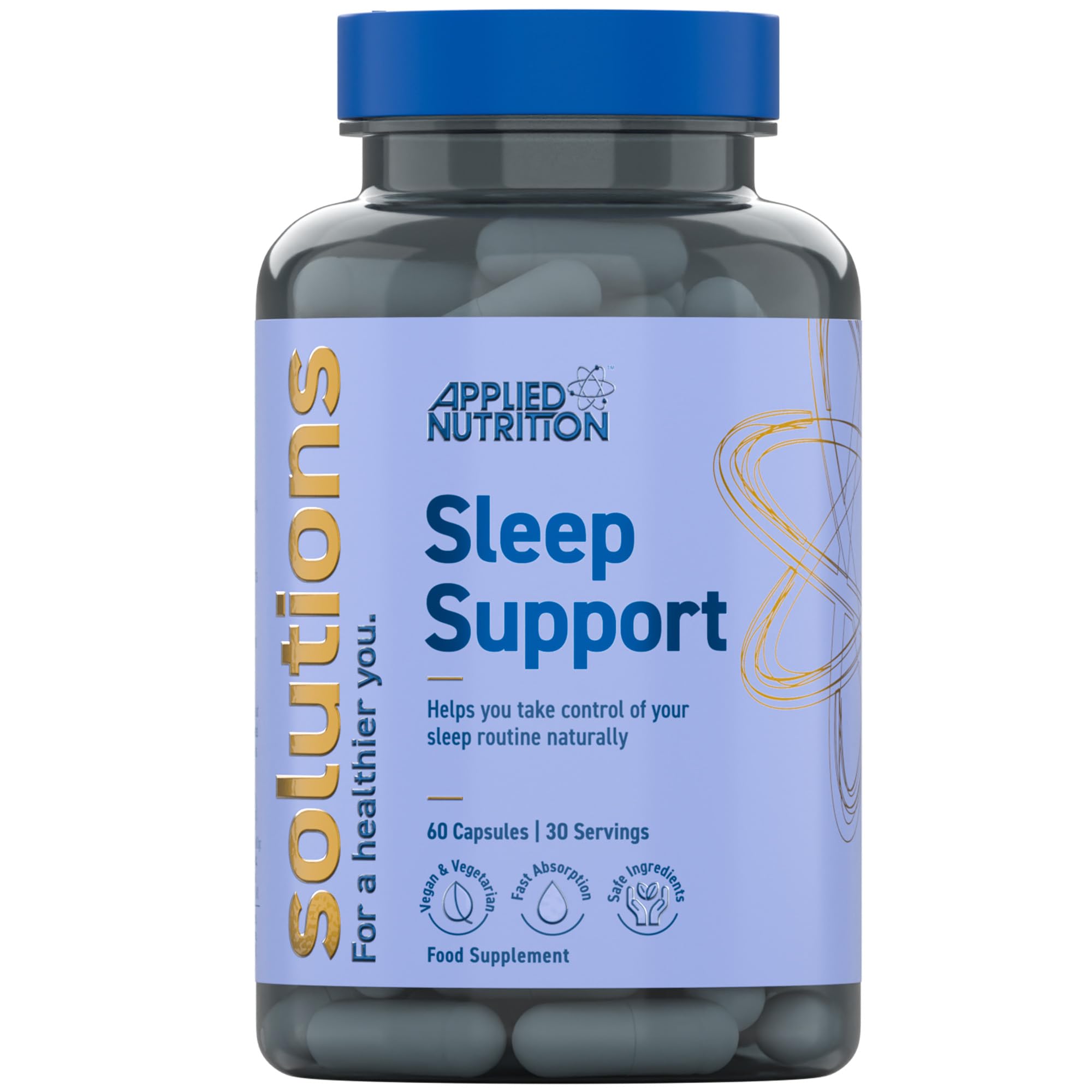Applied Nutrition - Solutions - Sleep Support - Vegan Capsules with Magnesium, L-Theanine, Chamomile, Lemon Balm & Glycine – Natural Sleep Aid & Stress Relief (60 Capsules – 30 Servings)