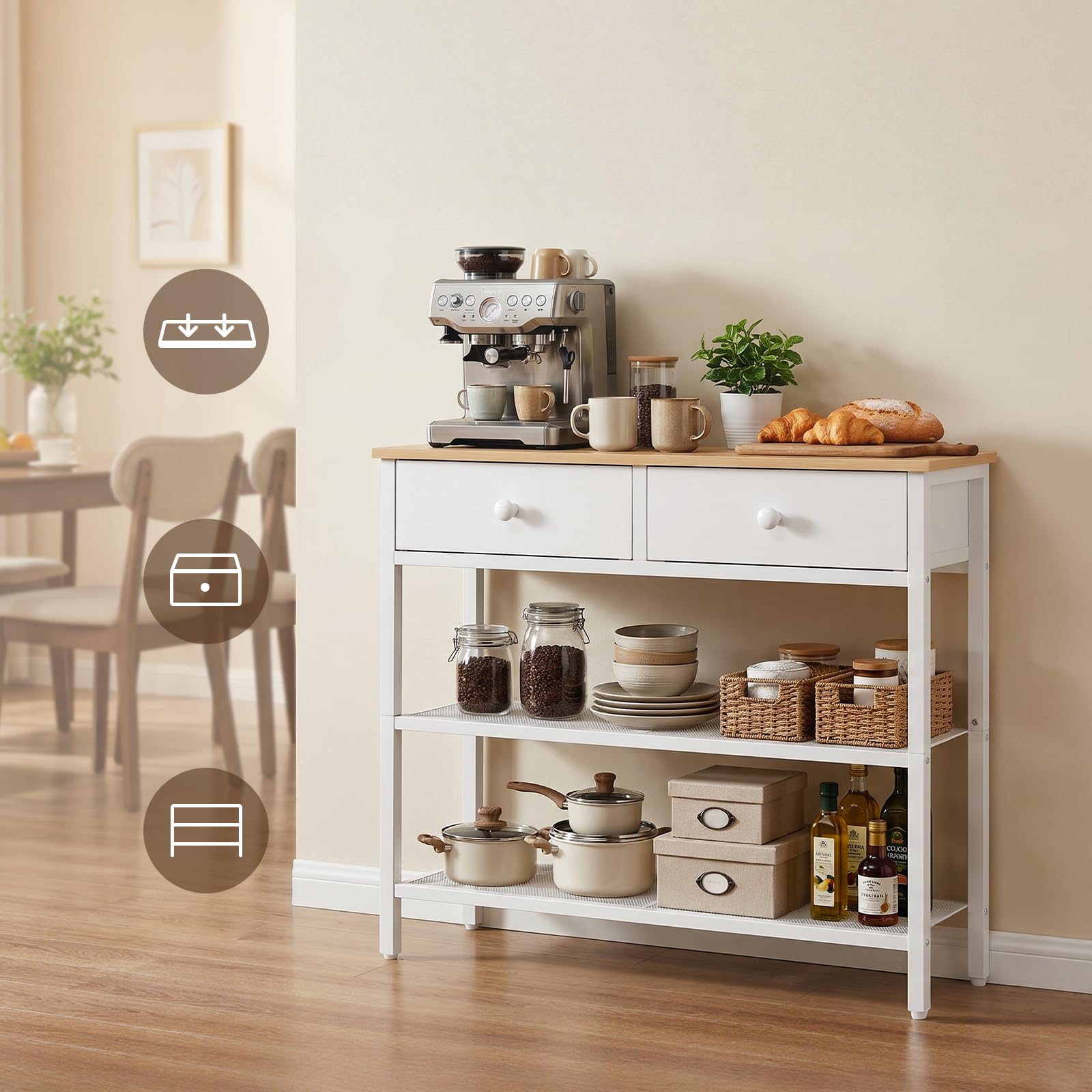 HOOBRO Mesa de Entrada de 75 cm de Largo, Mesa de Sofá de Estilo Industrial con Dos Cajones de Tejido no Textil, Consola con 3 Estantes, Dormitorio, Blanco y Color Madera Natural EWW72XG01G1