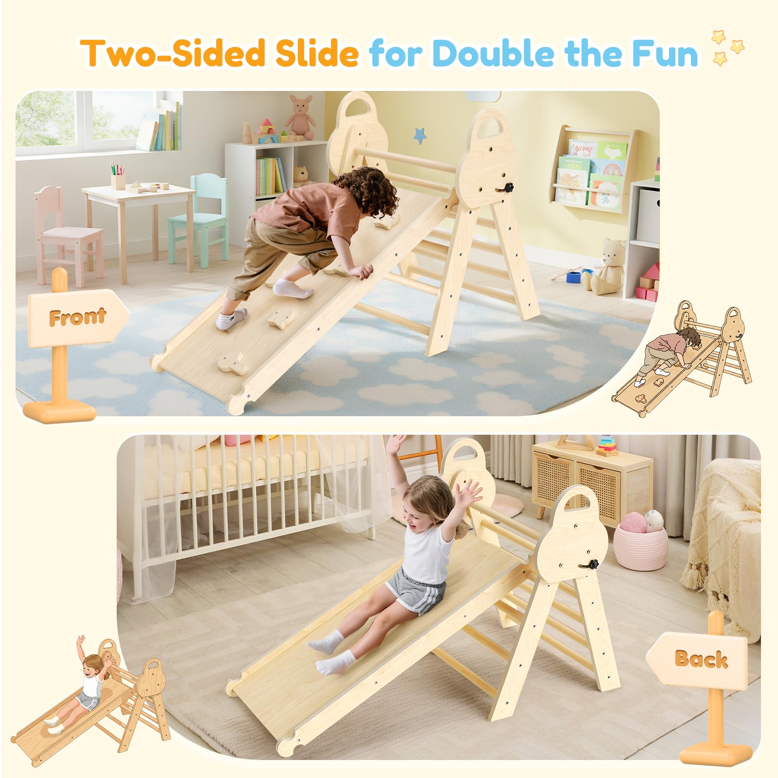 7-in-1 Montessori Kletterdreieck aus Holz – Indoor Klettergerüst mit Rutsche für Kinder ab 1 Jahr | Spielplatz Kletterset Baby Spielzeug