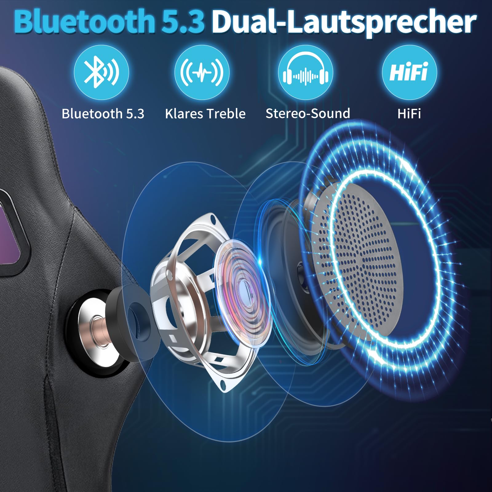 LED Gaming Stuhl mit Lautsprechern 135°Computer Stuhl mit RGB Lichter-Blau | Bluetooth Spielstuhl mit Massage Lumbalstütze;Liegestühle mit Fußbrett;PC Gaming Sessel für Erwachsene Gaming Arbeit Lernen