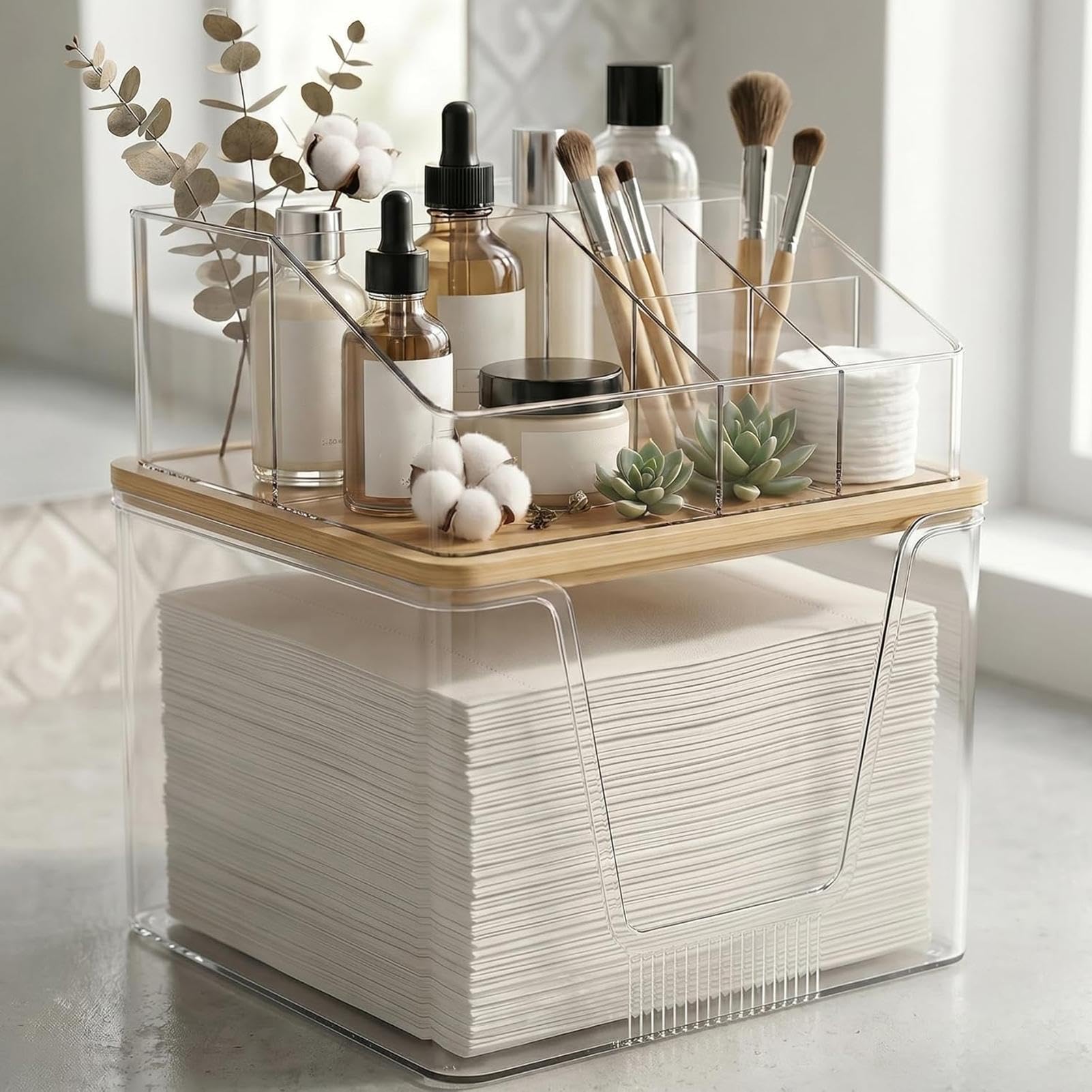 Hautpflege-Organizer Transparent Acryl-Doppelschicht Multifunktionale Boxen | Badorganizer und Aufbewahrung für Hautpflege, Make-up-Pinsel, , Kosmetik, Kommode, Thekenplatte,