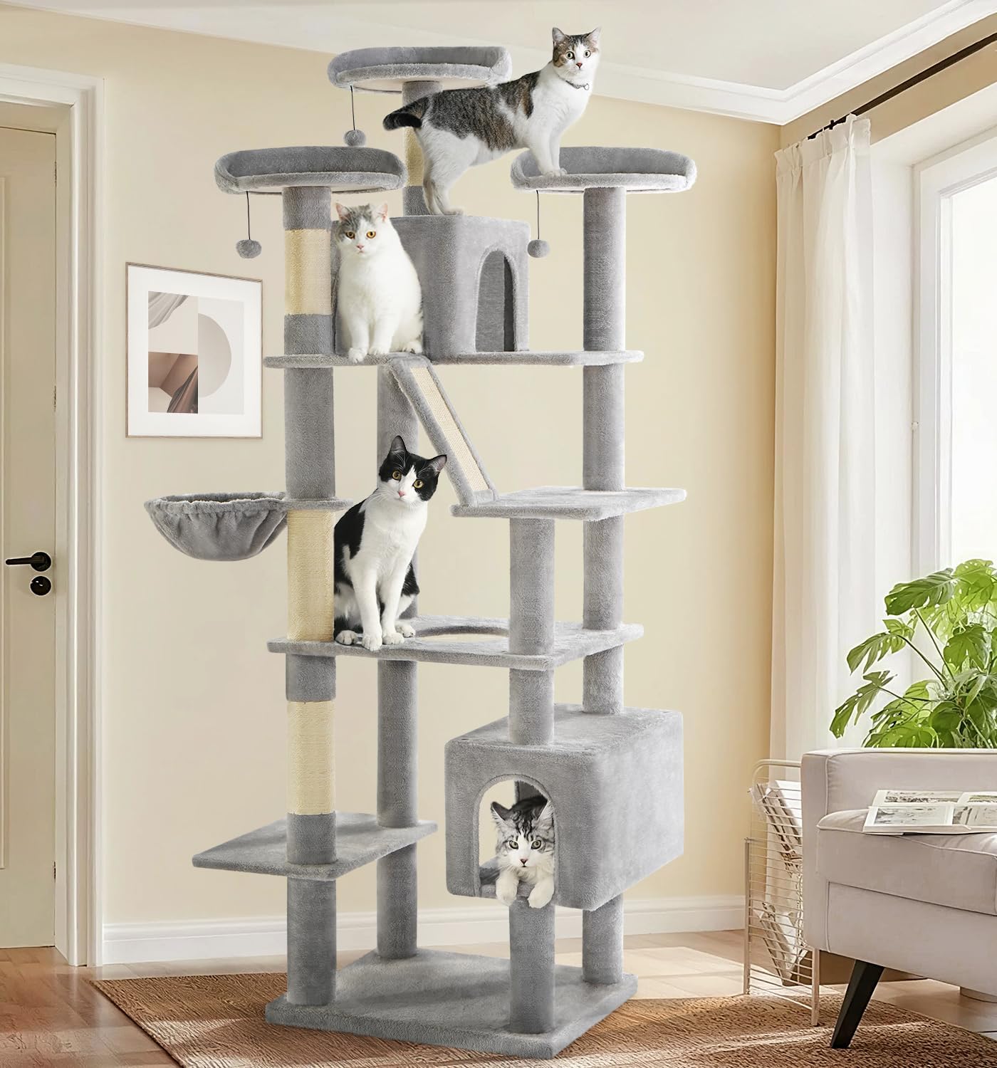 Made4Pets Tall Cat Tree, 80″ Cat Tree Tower for Indoor Cats Large Adult, Modern Cat Tower with Scratching Post, Cozy Hammock, 3 Perches and 2 Condos, Sturdy and Fluffy, Light Gray