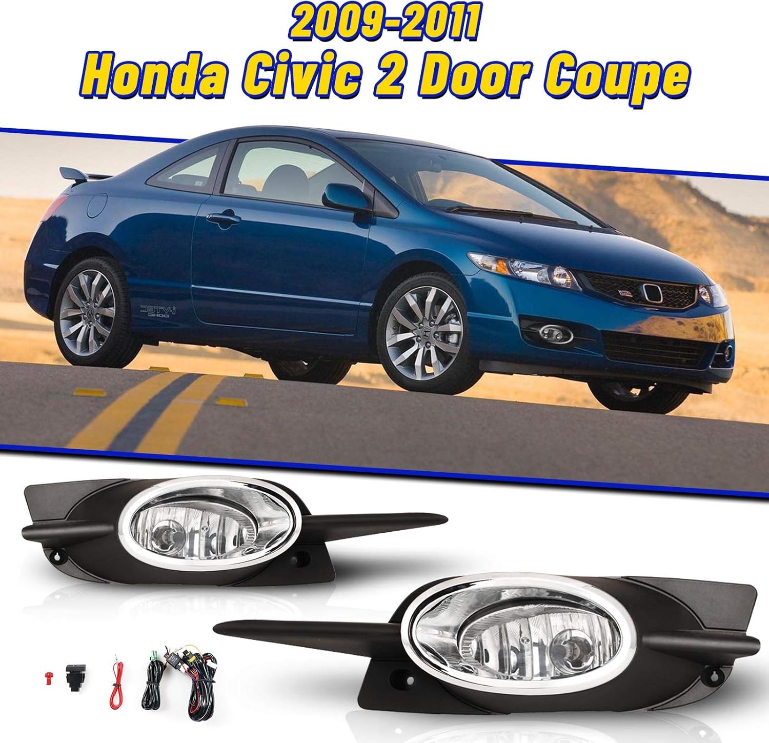 Fog Lights for Honda Civic Coupe 2 Door 2009-2011 with H11 12V55W Bulbs Fog Lamps Assembly Replacement Included Wiring Kits & Switch- 1 Pair (Clear Glass Lens)