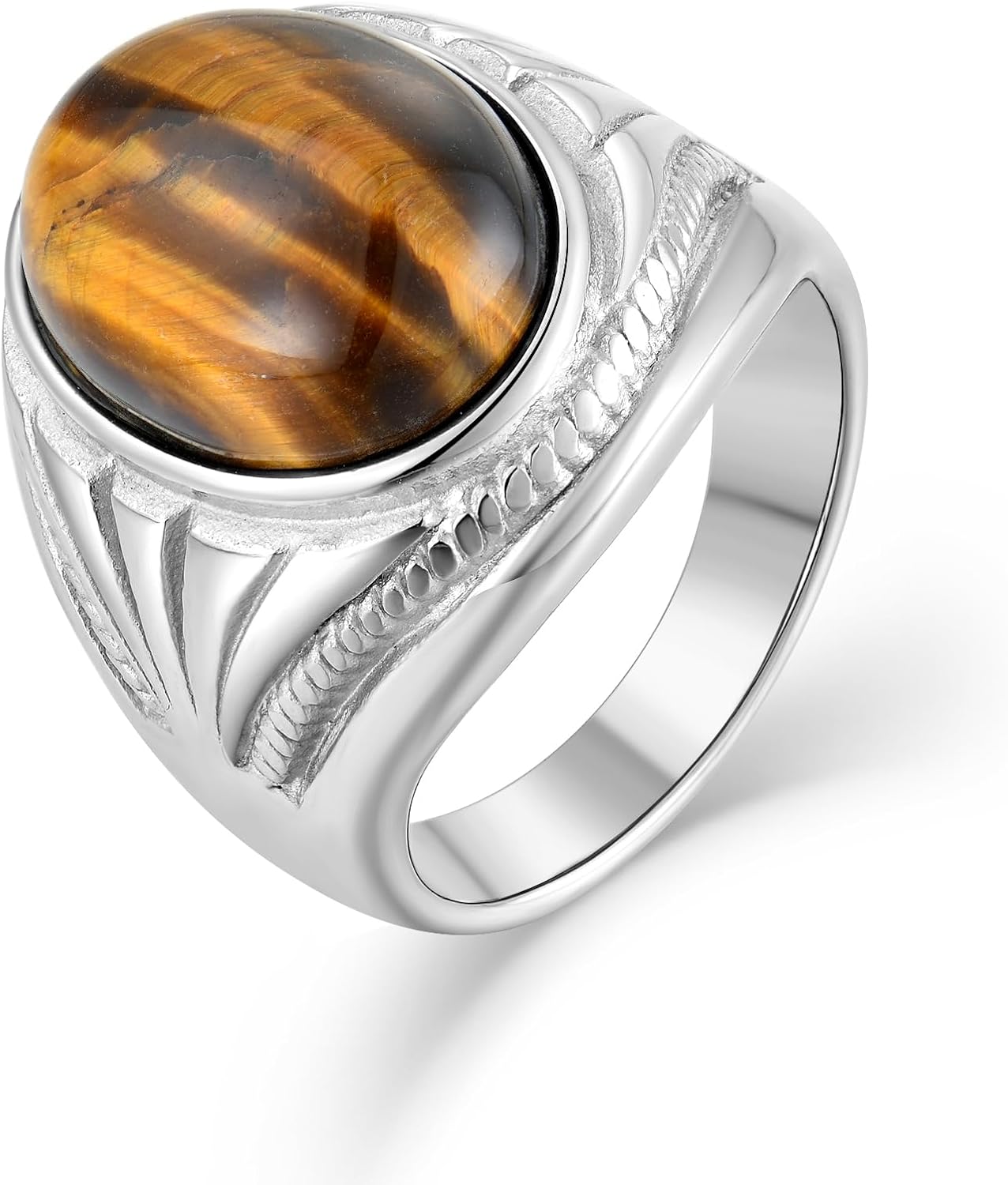 Men's Tiger Eye Oval Signet Ring, Nature Stone Stainless Steel Thumb Rings for Men Jewelry Gift for Him, Size 7-13