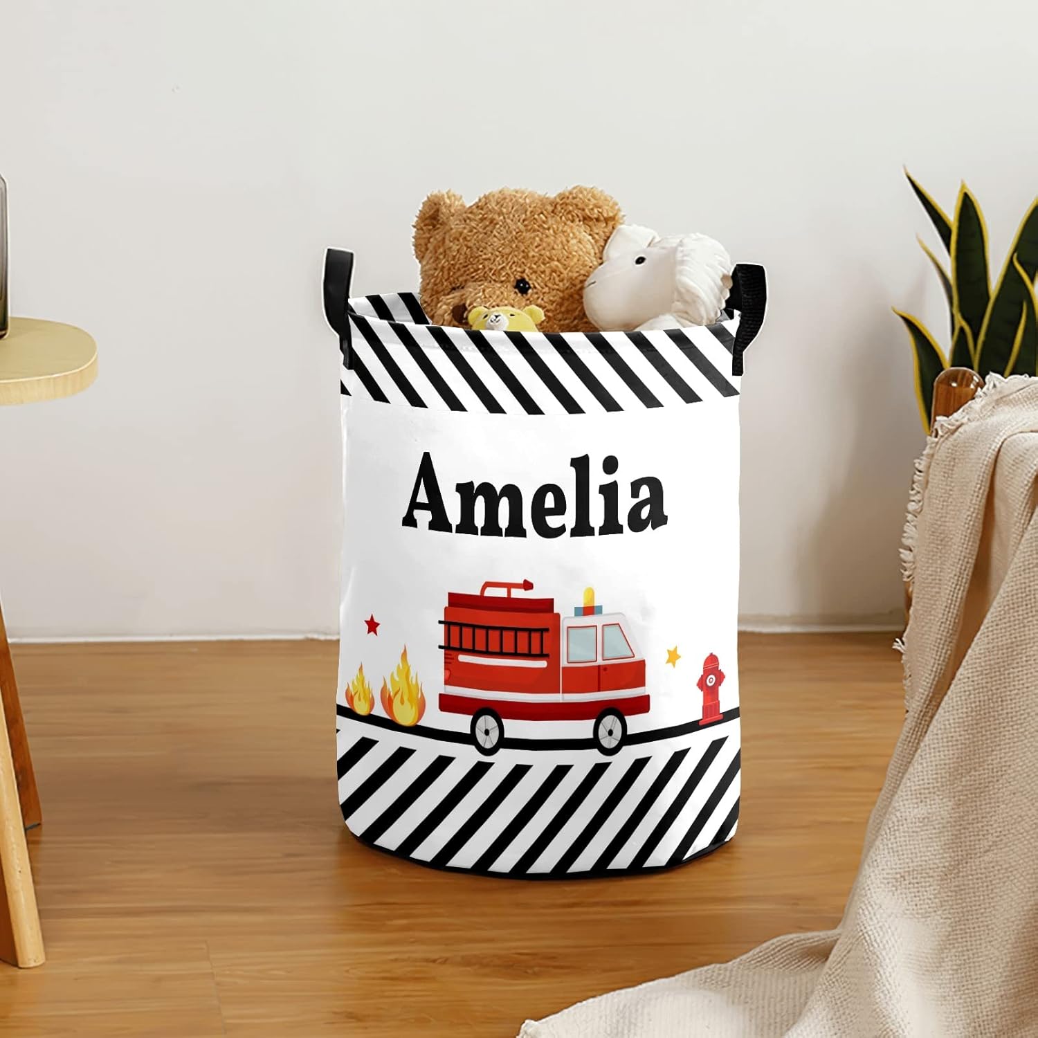 Fire Truck Personalized Laundry Basket Clothes Hamper with Handles Waterproof,Collapsible Laundry Storage Baskets for Bathroom,Bedroom Decorative 19.7"Hx14.2"D