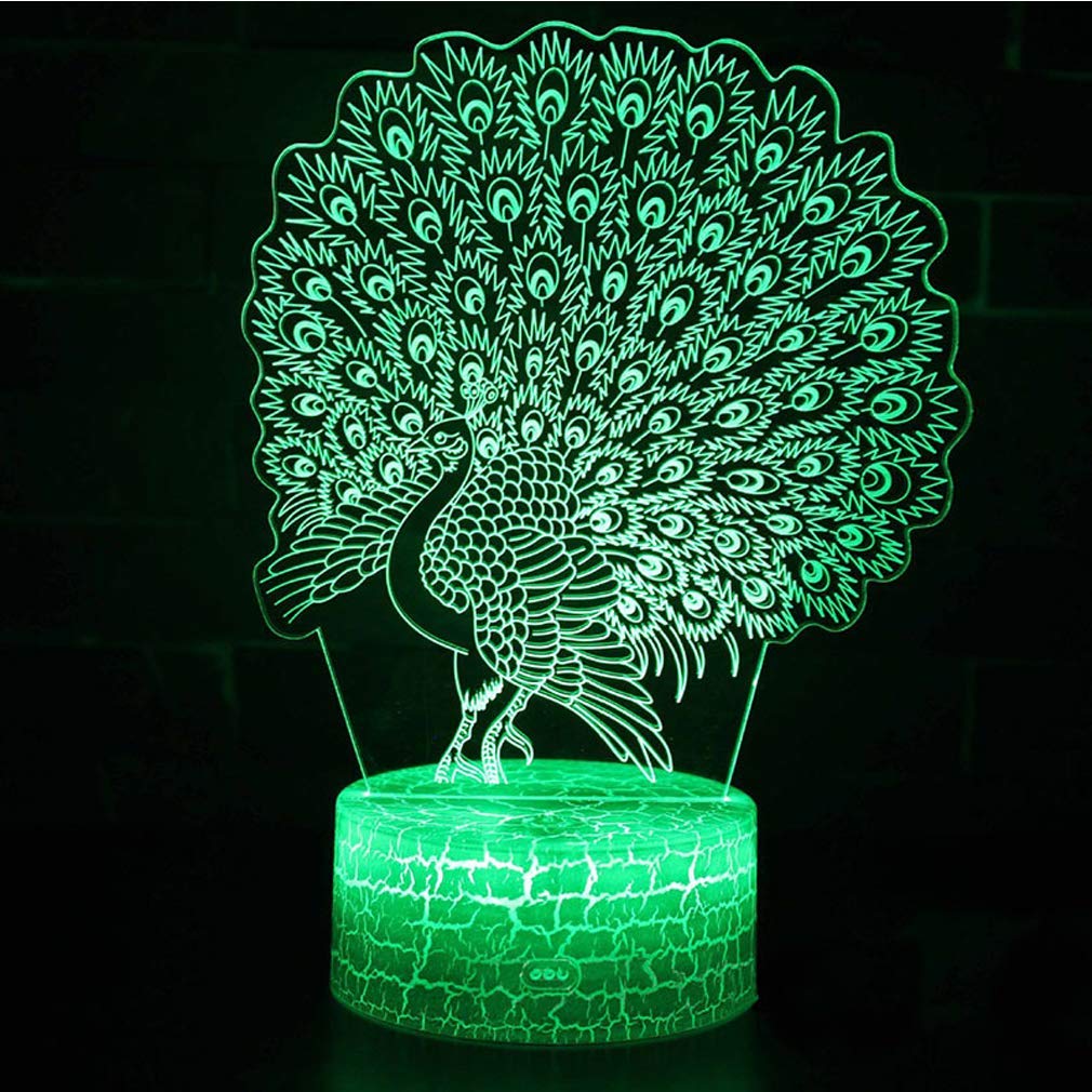 7 Color Changing Night Lamp 3D Atmosphere Bulbing Light 3D Visual Illusion LED Lamp for Kids Toy Christmas Birthday Gifts (Peacock)