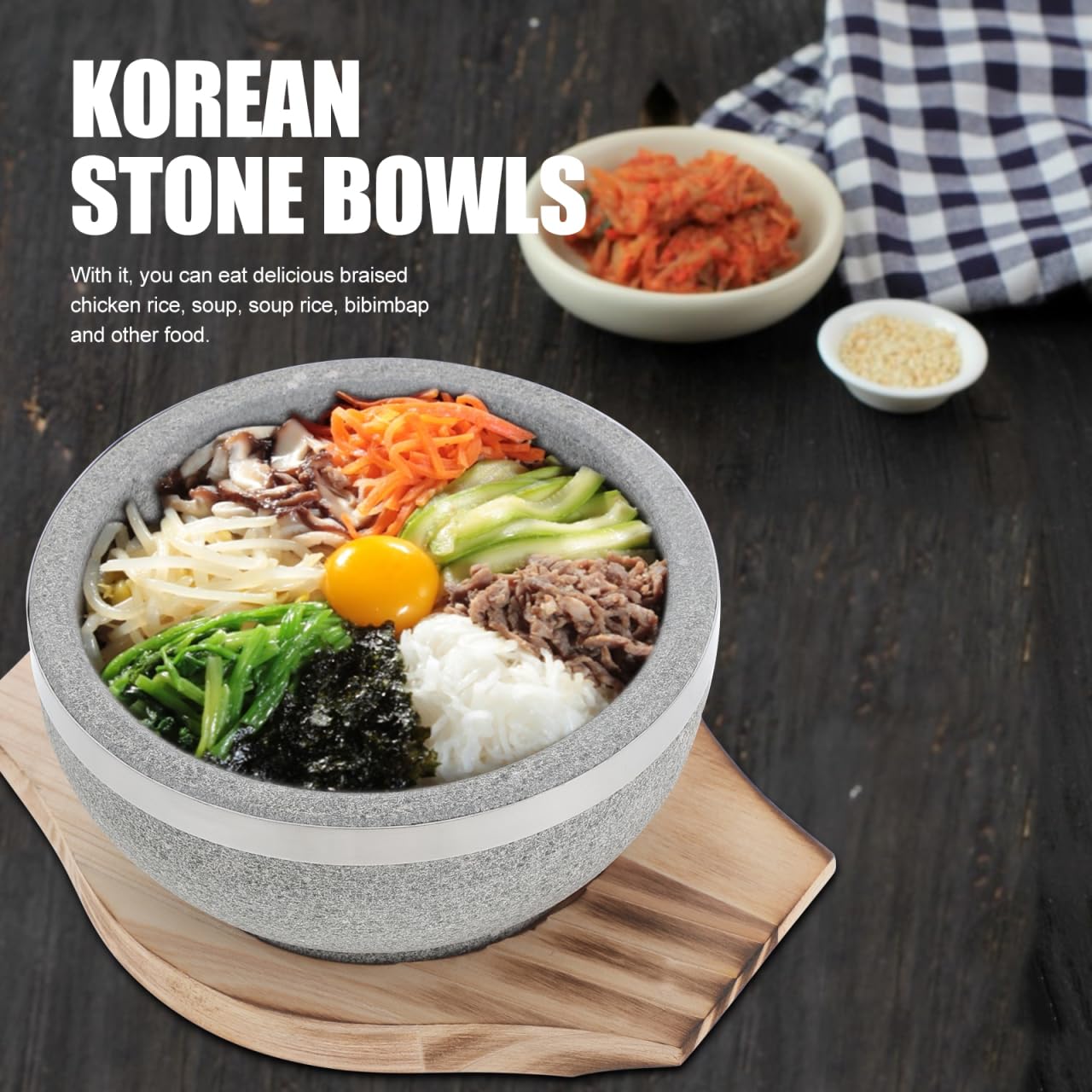 STOBAZA Tazón de piedra coreano con bandeja de madera 7.09X5.51X2.56 pulgadas para sopa Bibimbap plato de piedra de arroz para mantener caliente y servir en la cocina