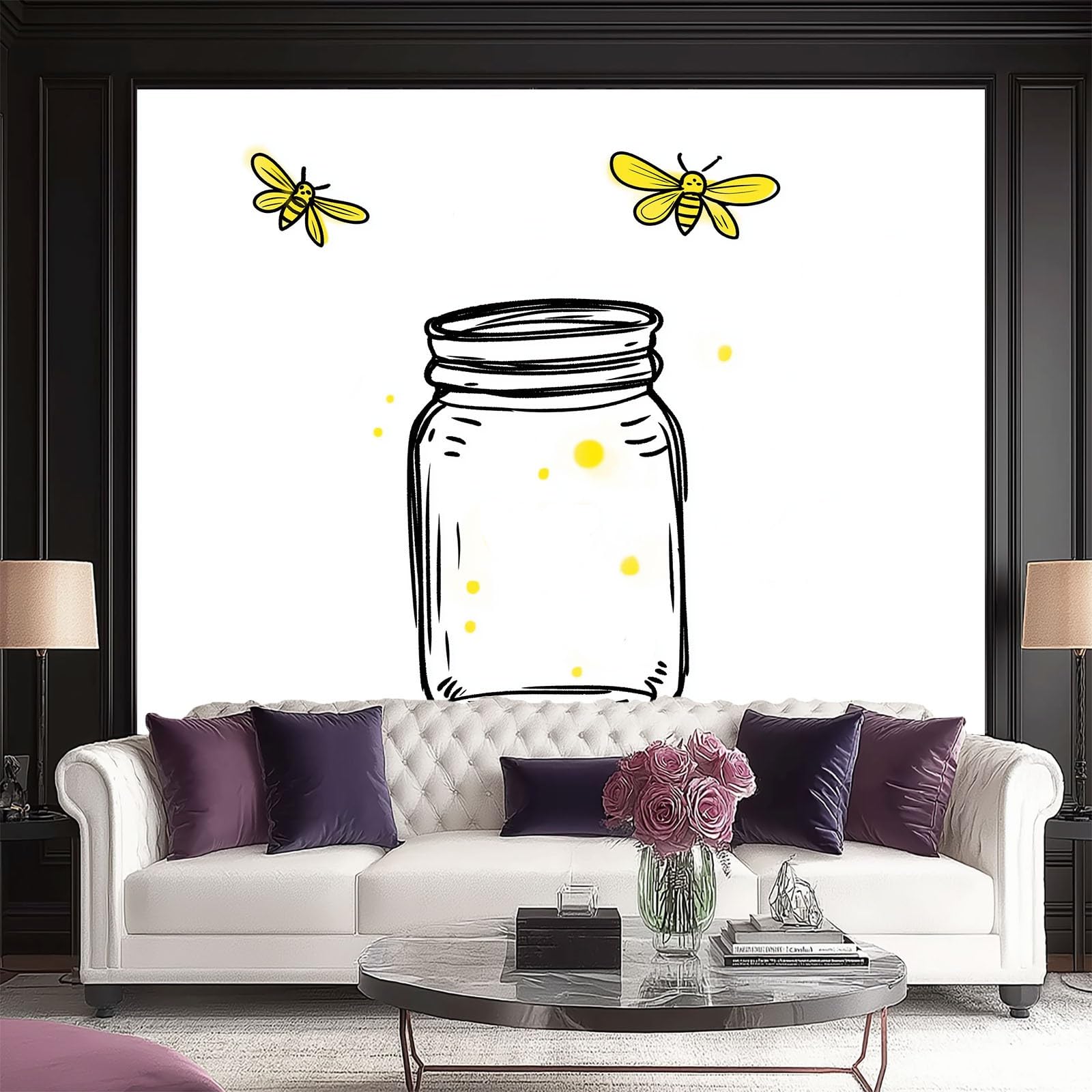 Tapeta z włókniny na ścianę TV do salonu i sypialni 300 x 210 cm, styl ręcznie malowany, motyw kreskówkowy, motyw robaków, tapeta łatwa do nałożenia i usunięcia - trwała, biała