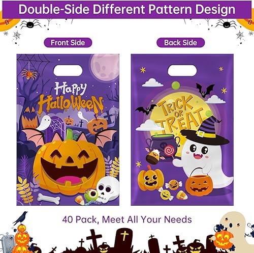 Miniatura 3 de 40 bolsas de dulces de Halloween con asas, bolsas de regalo de Halloween para niños con diseño de calabaza fantasma, bolsas de regalo de plástico