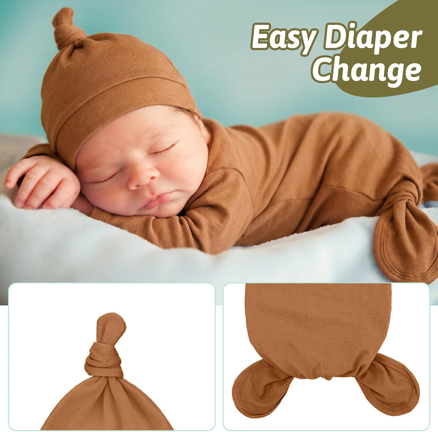 Cuffbow Newborn Baby Knotted Gowns Set 0-6 Months Cotton Sleeper Long Sleeve Nightgown and Hat Set for Infant Baby
