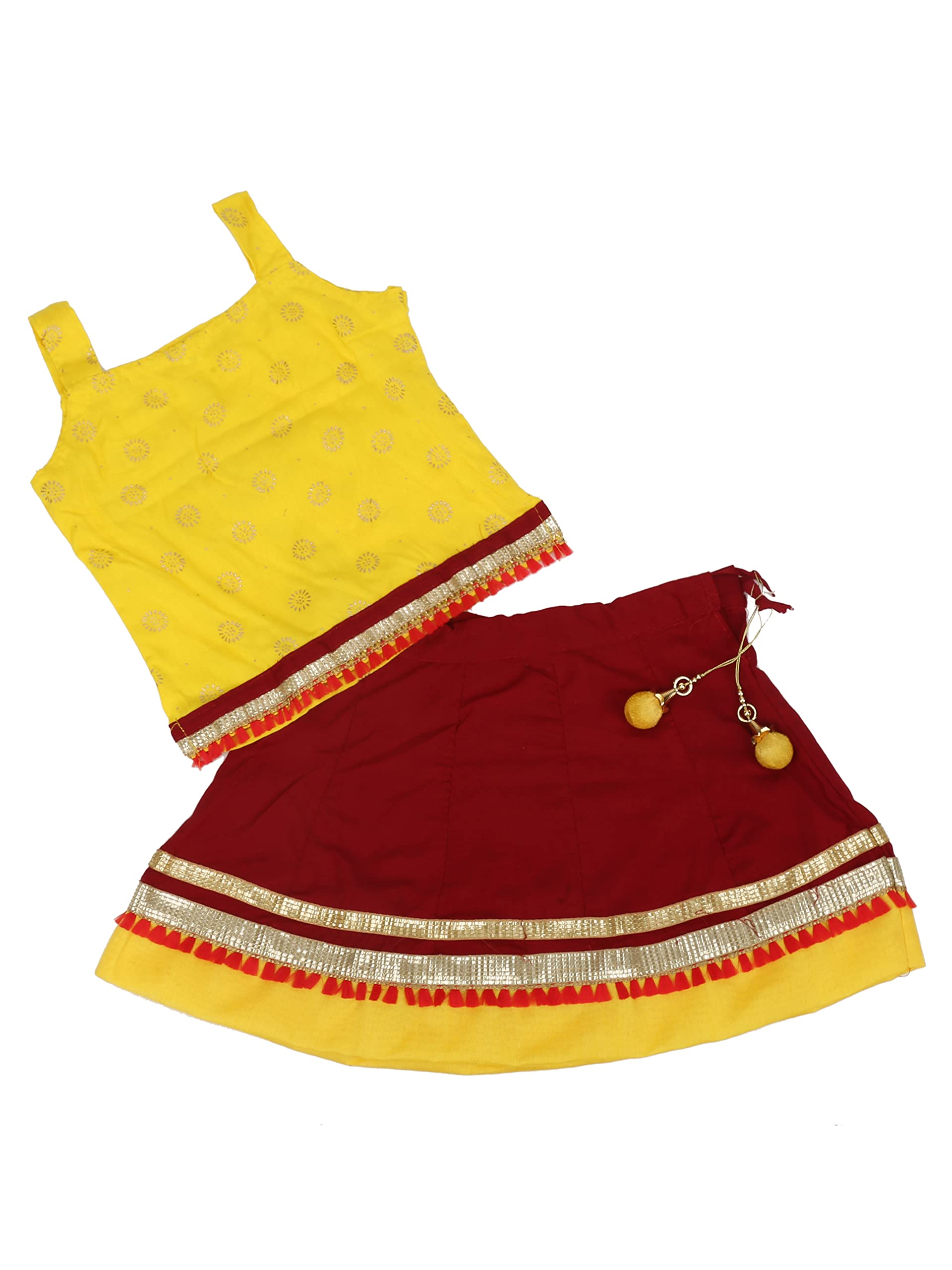 Anchal Collection Baby Girl's Cotton Skirt Top Heavy Border in Yellow and Maroon stylish dress combo set 2019 (1-2 years)