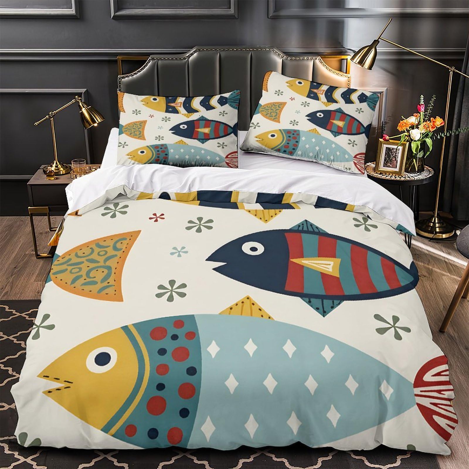 MMDASBVPE Colorful Fish Patterns Duvet Cover 3D Design Printed Machine Washable 3 Pieces Bedding Set Zipper Quilt Cover Hotel Quality Durable for Adults Kids Women Teens Youth Double（200x200cm）