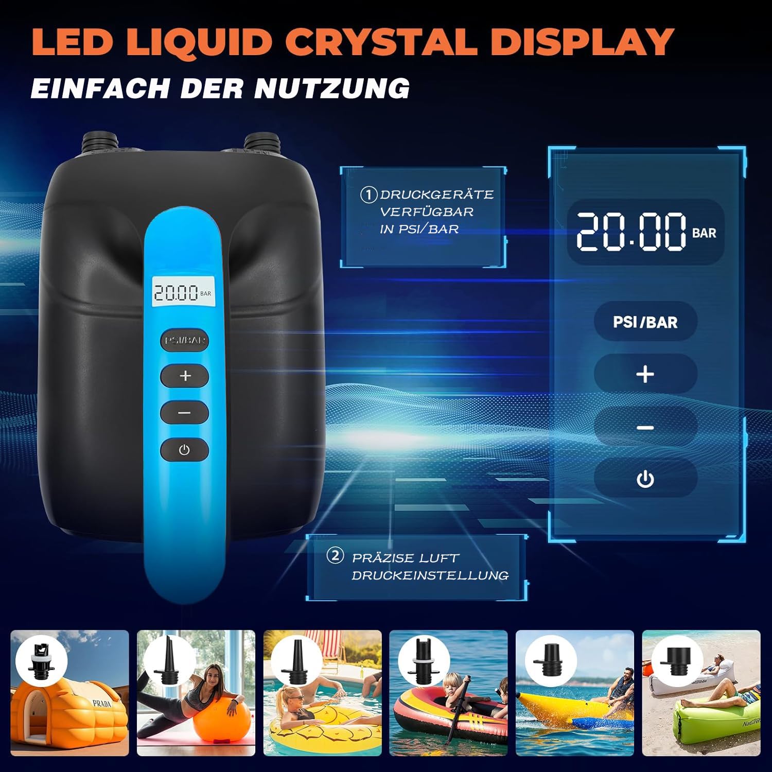 Pompa elettrica Sup – 20 psi paddle board pompa con 6 ugelli, funzione di gonfiaggio intelligente a doppio stadio, funzione di sgonfiaggio, connettore auto 12 V CC, pompa per tavole da paddle, kayak e
