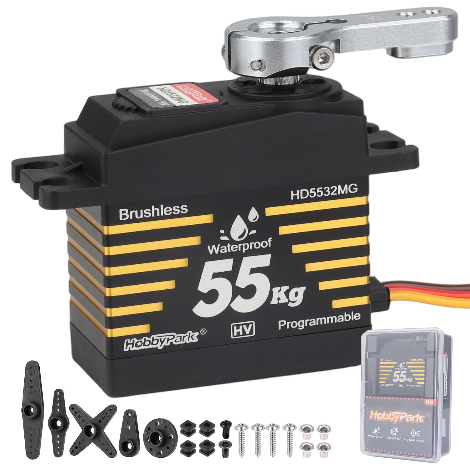 HobbyPark Servos étanches 55 kg Moteur sans balais à couple élevé Servo de direction RC Vitesse rapide Taille standard HV Engrenages métalliques en acier inoxydable pour 1/8 1/10 RC Crawler Voiture