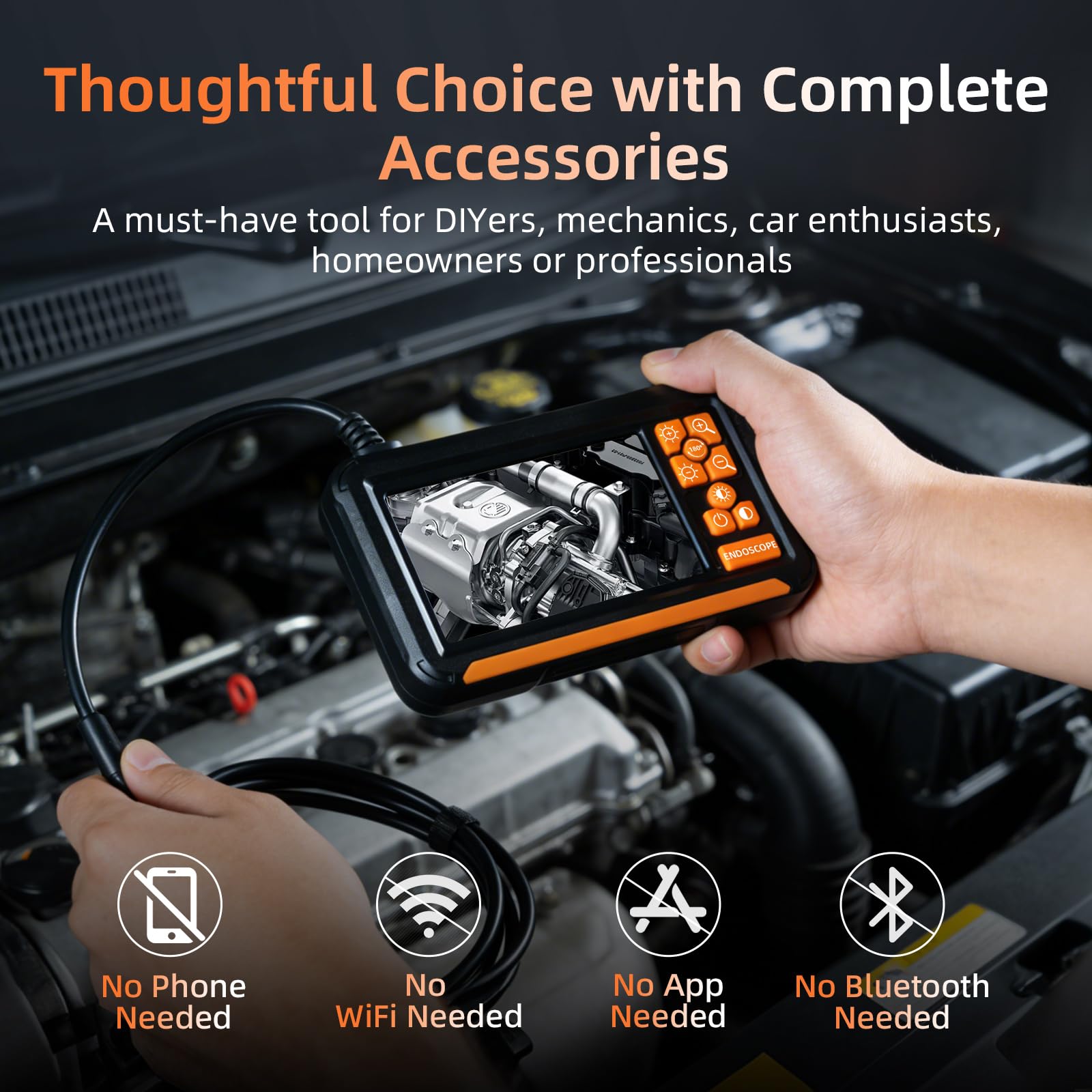 Caméra Endoscopique, 1080P HD Ecran IPS 4.3 Pouces Endoscope avec Smart-Chip, Zoom 2X, IP67 Camera Inspection Canalisation à Étanche IPS de 4.3 Pouces, Câble Semi-Rigide de 5M