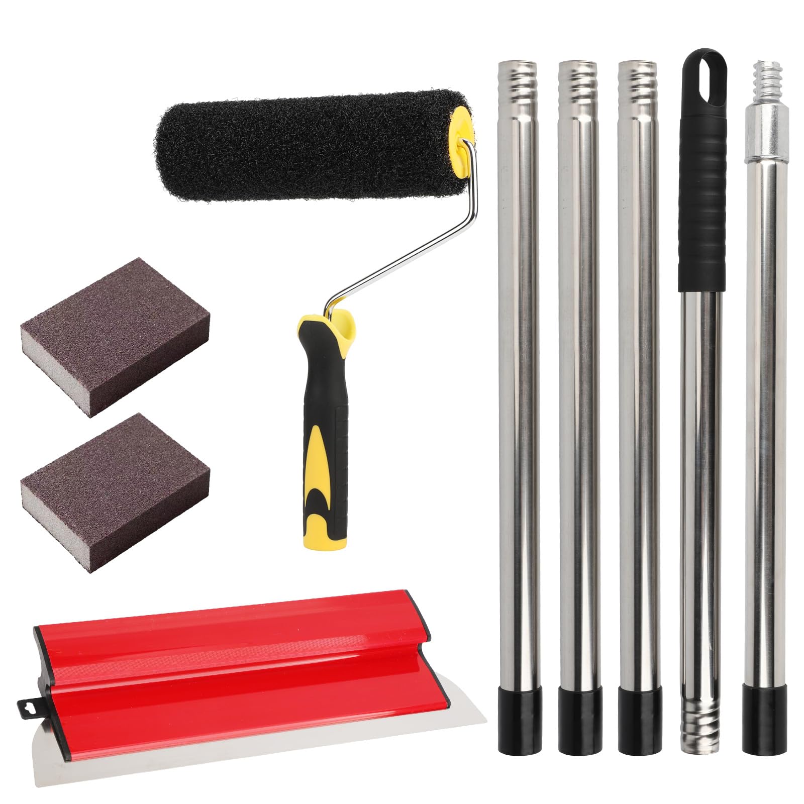 Qivine Kit Spatola per Stucco, 40cm Spatole per Stucco con Rullo per Stucco & Asta Telescopica in Acciaio Inossidabile da 2 m & 2 Blocchi di Sabbia per Intonacare Pareti e Soffitti