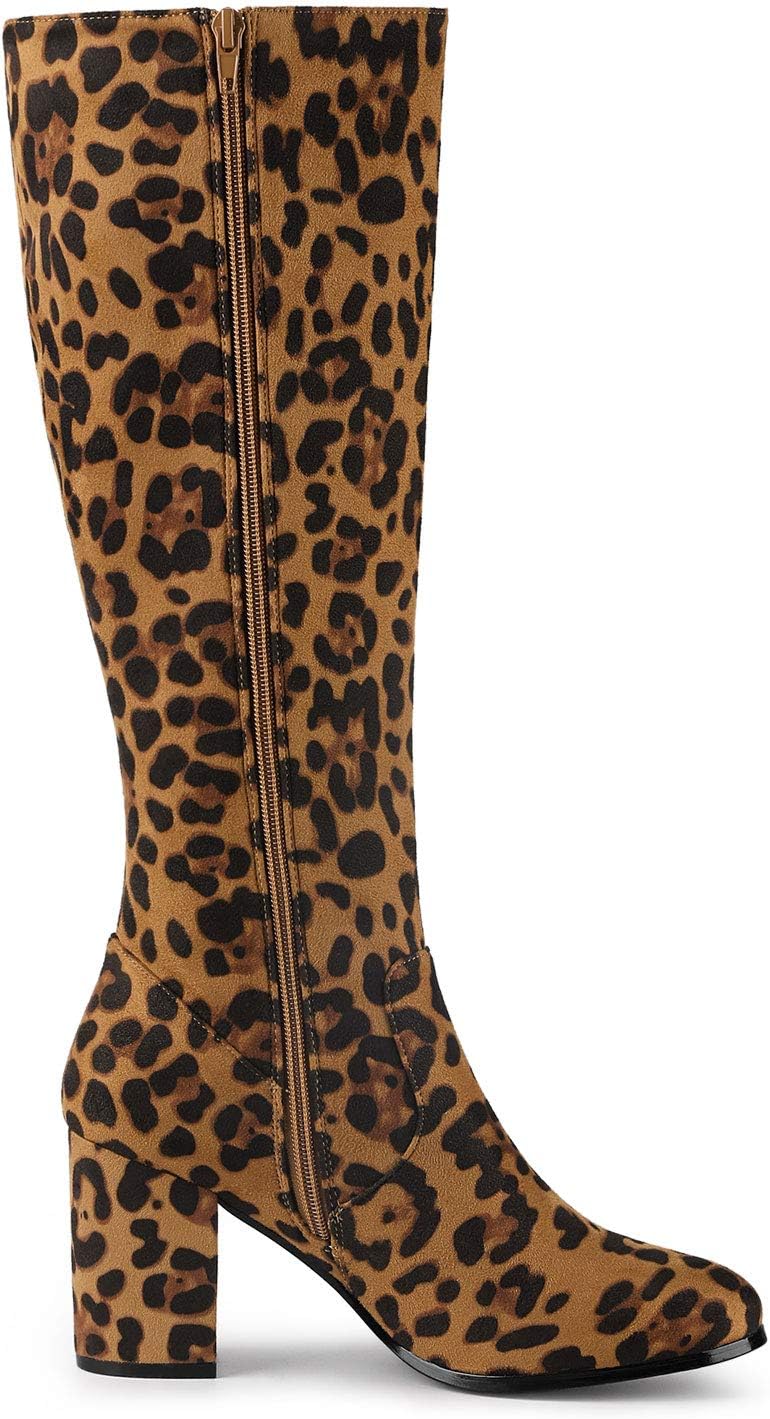 Allegra K Women's Side Zipper Chunky Heel Knee High Leopard Boots 10 M US - - Image 7