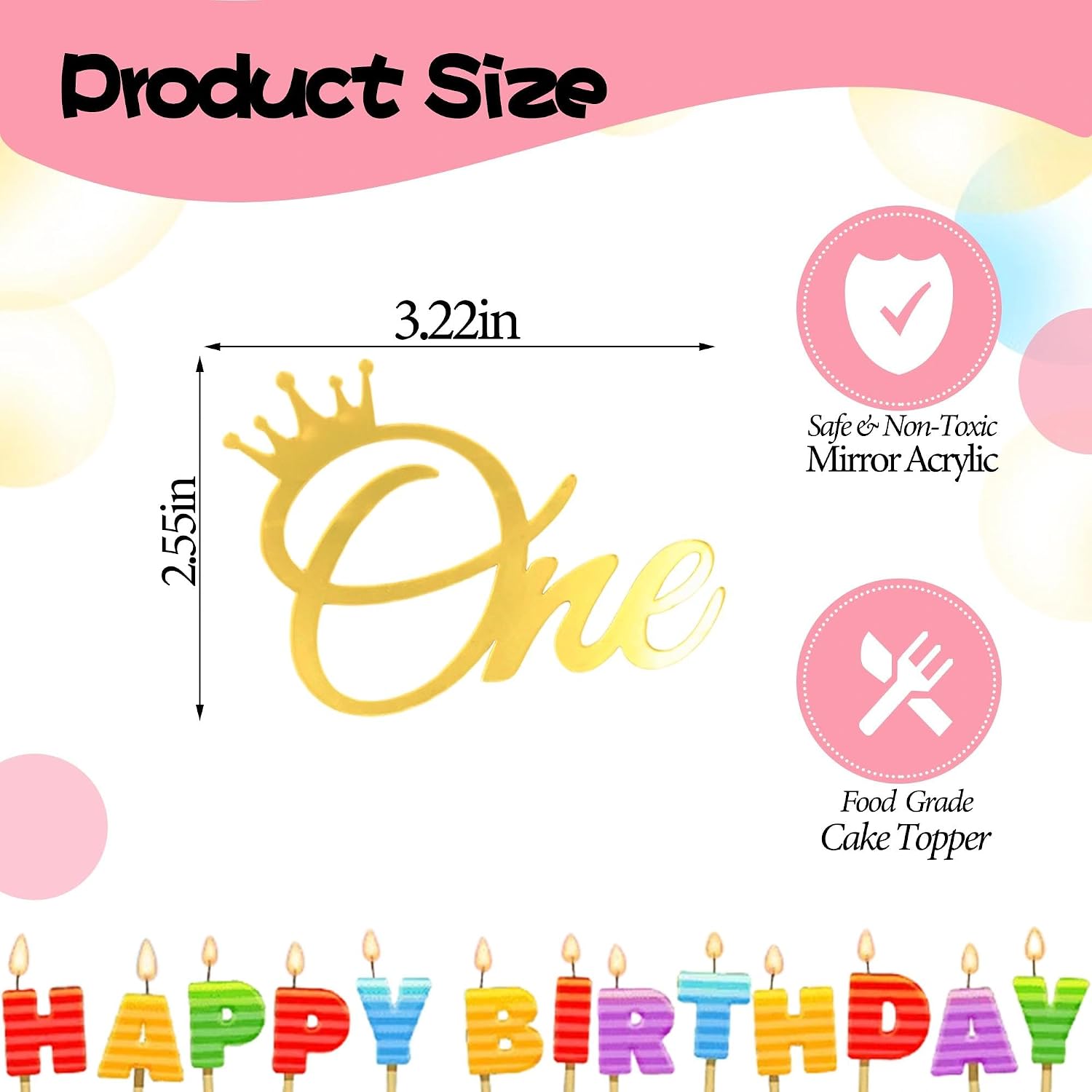 Mirror Acrylic One Cake Side Topper Gold Elegant First Birthday Cake Decorations for Side Decor Crown 1st Birthday Party Supplies for Baby Boys Girls image 4