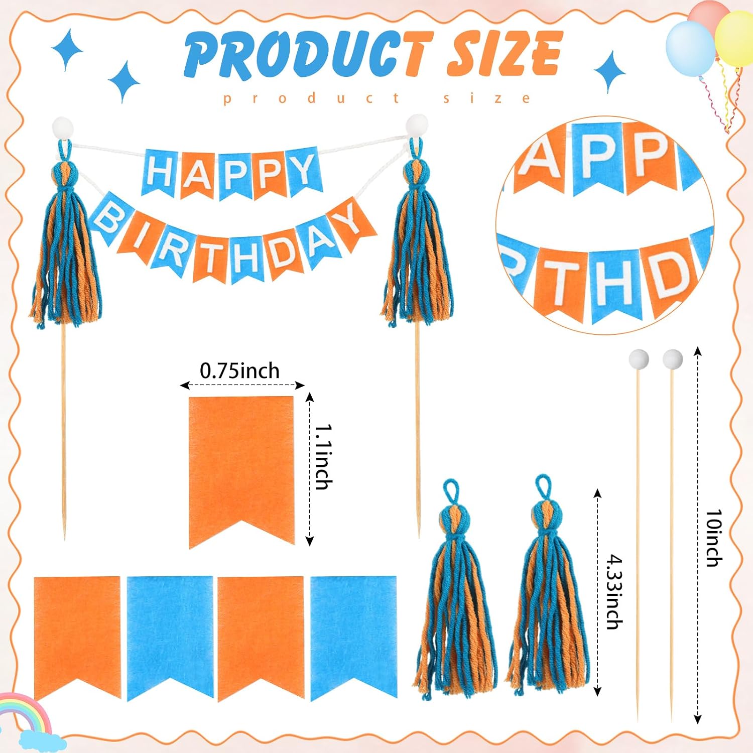 Breling 90 Pcs Custom Cake Banner Topper Set,Orange Blue image 2