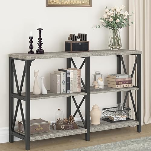 Miniatura 35 de IBF Mesa de entrada de granja, mesa consola larga rústica detrás del sofá, moderna mesa de sofá de madera de metal con estantes de almacenamiento,