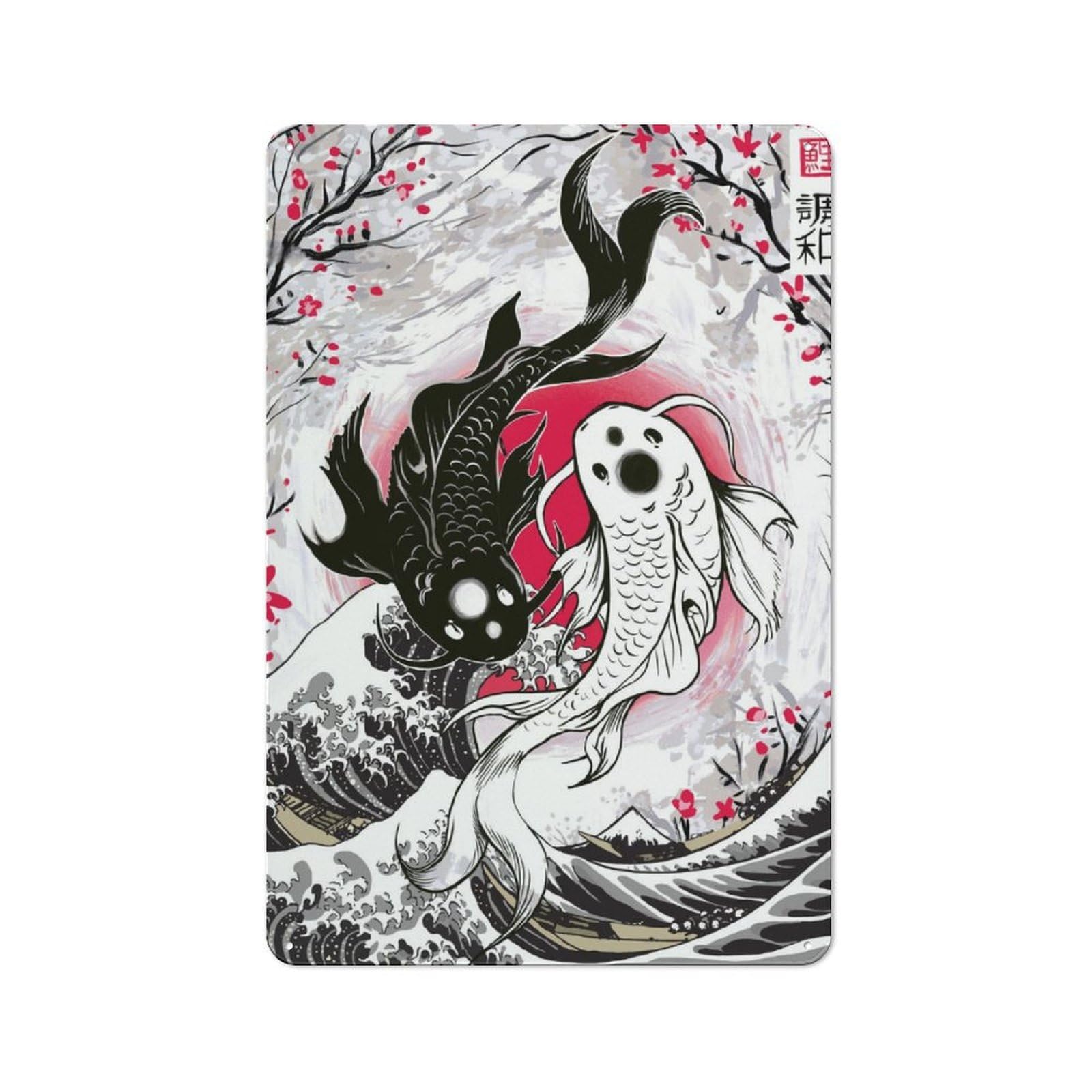 Junmoney Great Wave Koi Yin Yang Cottage Metal Wall Decor 30X20cm, Shed Metal Sign For Conservatory, Home Bar Or Utility Room