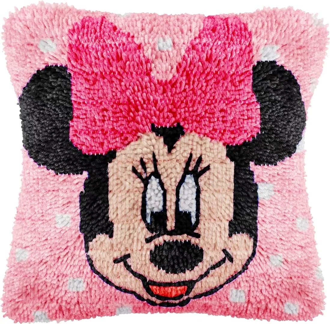 ROCKY&CHAOLatch Hook Kit for Adults, Minnie 17X17Inch, Latch Hook Minnie Pillow Case Kits 43X43CM, DIY Latch Hook Cushion Kits, Cross Stitch Embroidery Kits Cushion Making Kits Home Decor