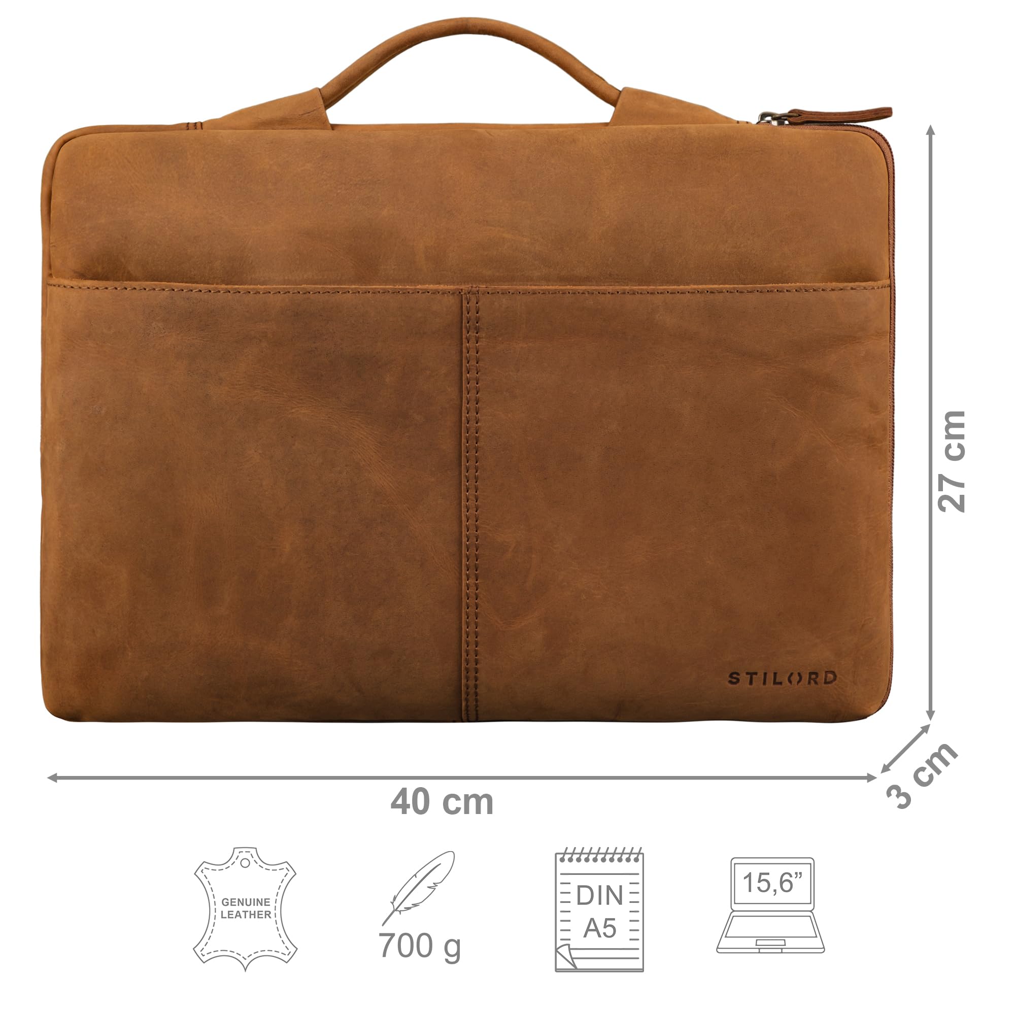 STILORD "Kit" 15,6 Cali Etui na Laptopa Skórzane Wąska Aktówka Męskie Etui na Dokumenty A4 do Pracy Biura Podróże Torebka Biznesowa z Prawdziwej Skóry Kolor:tan - ciemnobrązowy