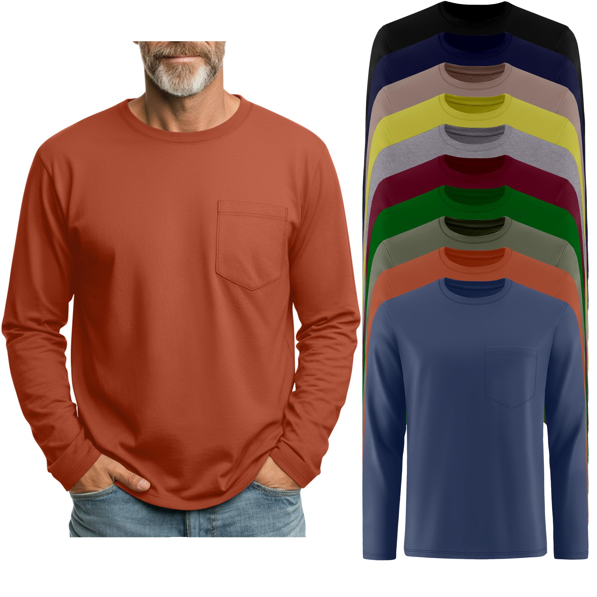 10 Pack Mens Big and Tall Long Sleeve Shirts Crew Neck Loose Fit Pocket Tops Bulk Casual Basic