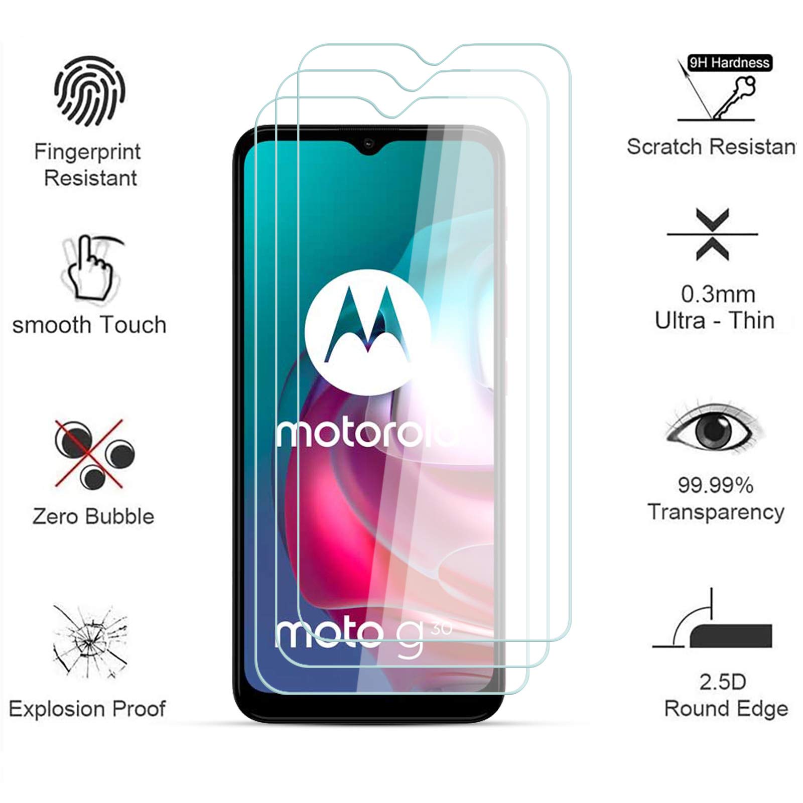 LZAYN 3 Pezzi Vetro Temperato Compatibile con Motorola Moto G9 Play/Moto G30 /Moto G10/Moto G20/Moto G50, Ultra HD Schermo Pellicola Protettiva, Durezza 9H, Anti-Impronte, Senza Bolle
