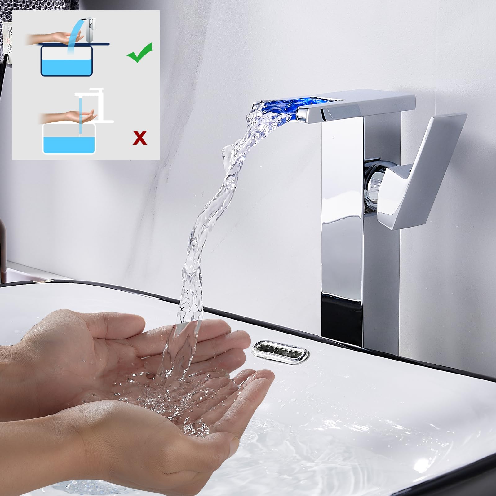 Wasserhahn Bad LED(keine Batterie erforderlich), KEOKBON Hoch Wasserfall Waschtischarmatur Armaturen mit Auslaufhöhe von 226 MM High, Einhebelmischer Mischbatterie für Waschbecken im Bad, Chrom
