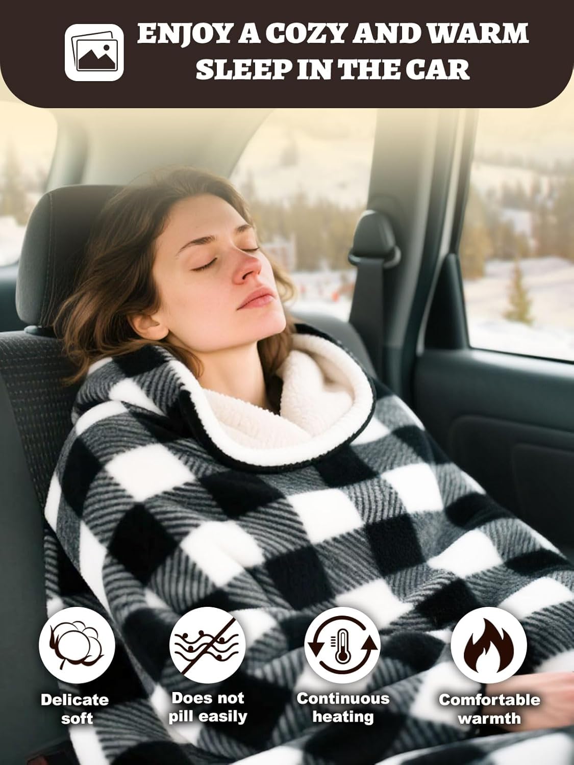 12V Car Heated Blanket 59"x39"Portable Heated Blanket for Travel with 4 Heating 4 Timing Settings Soft and Comfortable for Car SUV Camping(Black&White) - Image 4