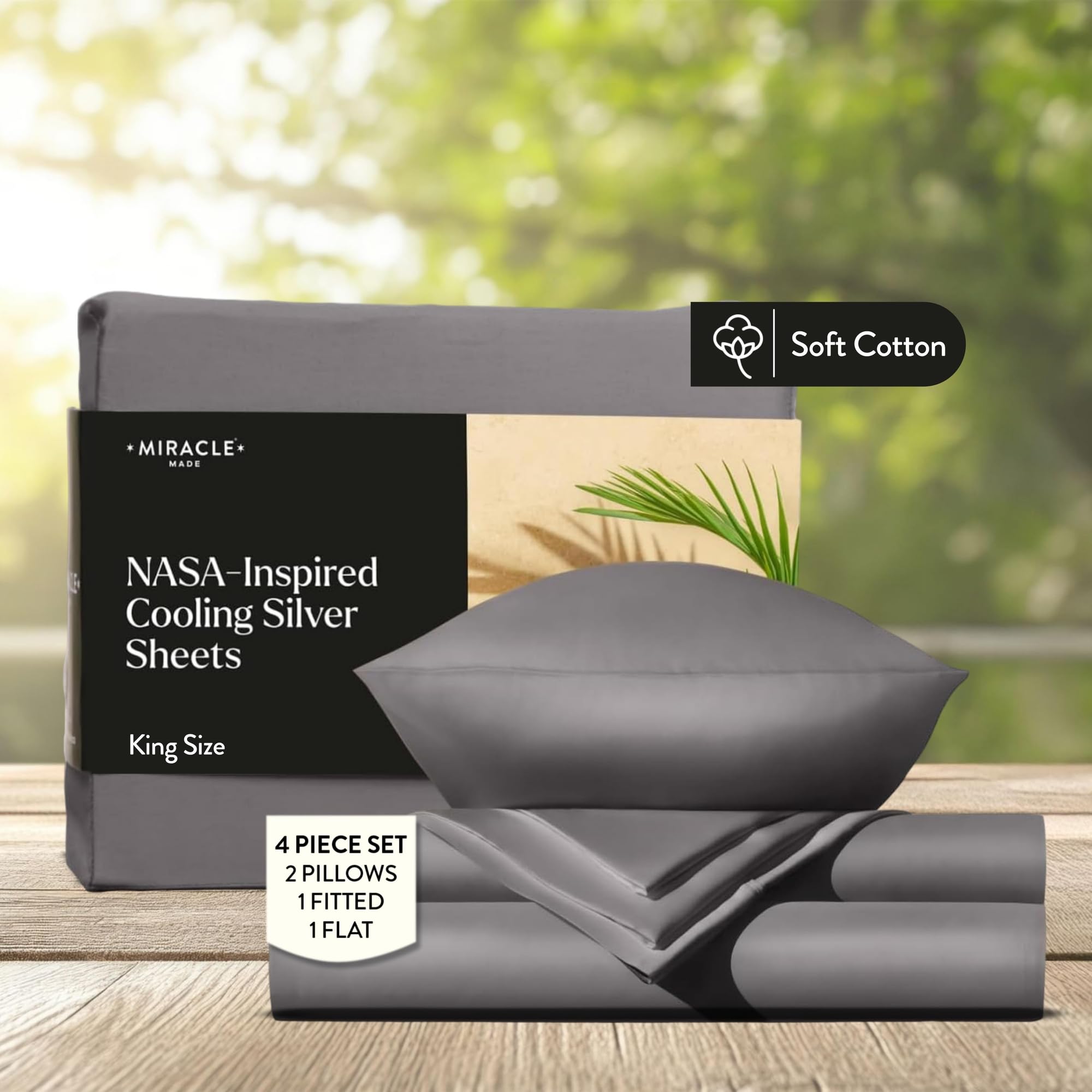 Miracle Made Cotton Bed Sheet - Stone, Queen - 4 Piece Silver Infused, 300-Thread-Count Thermoregulating Miracle Clean & Cool Sheet Set