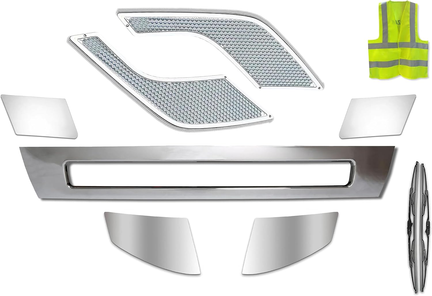 KOZAK Chrome Trim Set - Center Bumper Cover, Chrome Trim Covers, Behind the headlight Chrome Trims, Air Intake Vents compatible with Volvo VNL 2016-2017 PLUS Logo, Wipers and Vest
