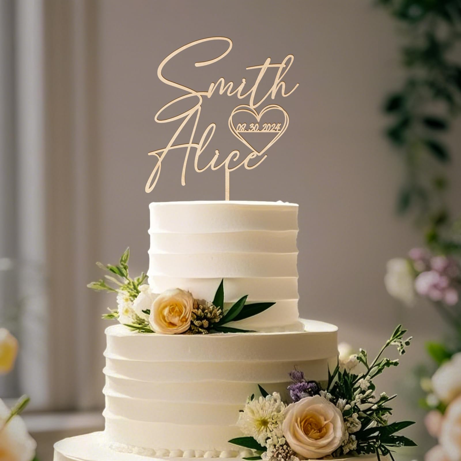 Party to Be Personalized Wedding Cake Topper with Custom Bride and Groom's Names and Wedding Date in Heart Cake Decoration in Wood โ image 1