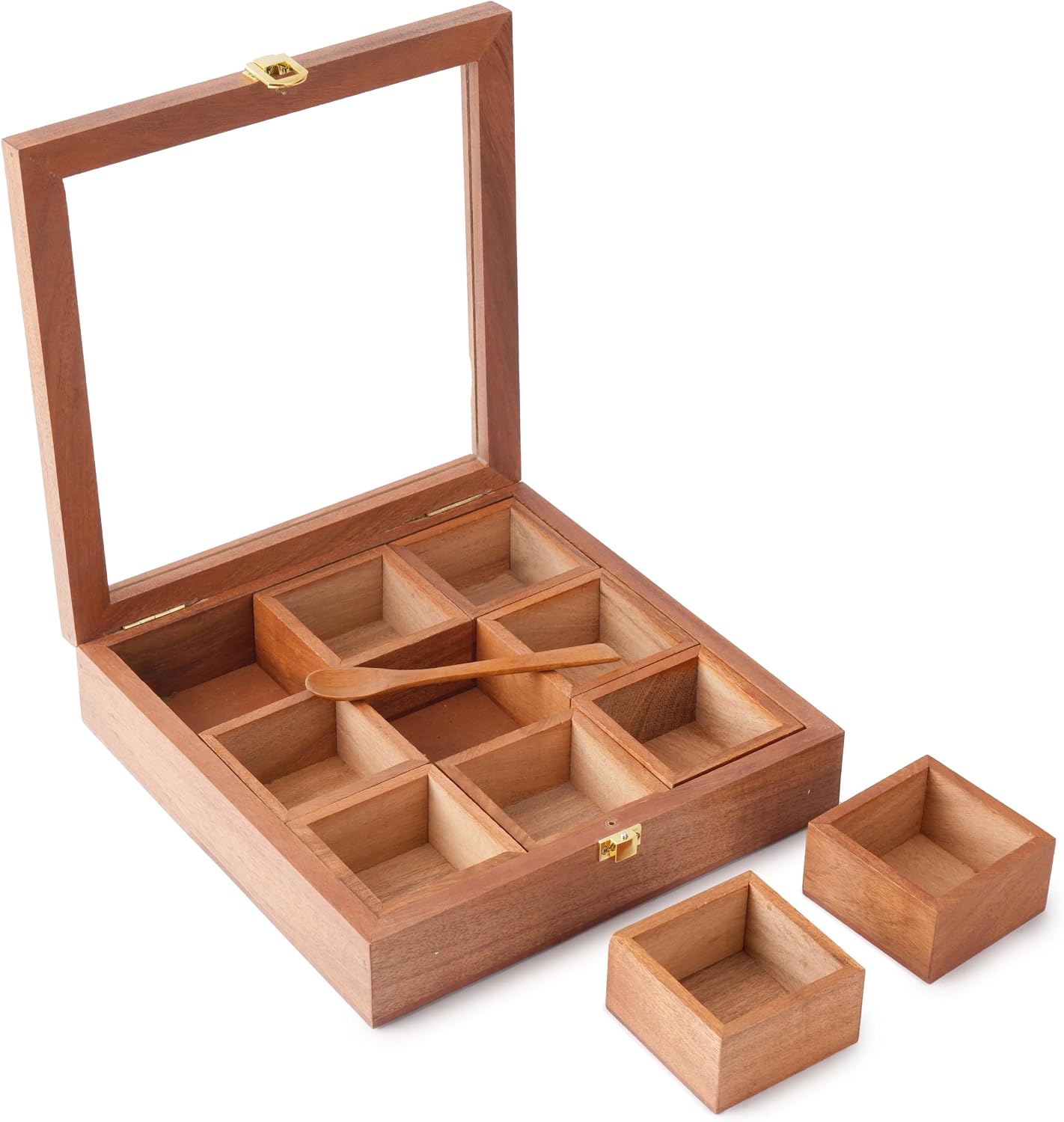 Ajuny Wooden Spice Box 9x9 Inch Masala Dabba with Glass Lid, 9 Compartments