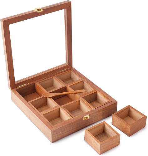 Best for visual display with glass lid: Ajuny Wooden Spice Box