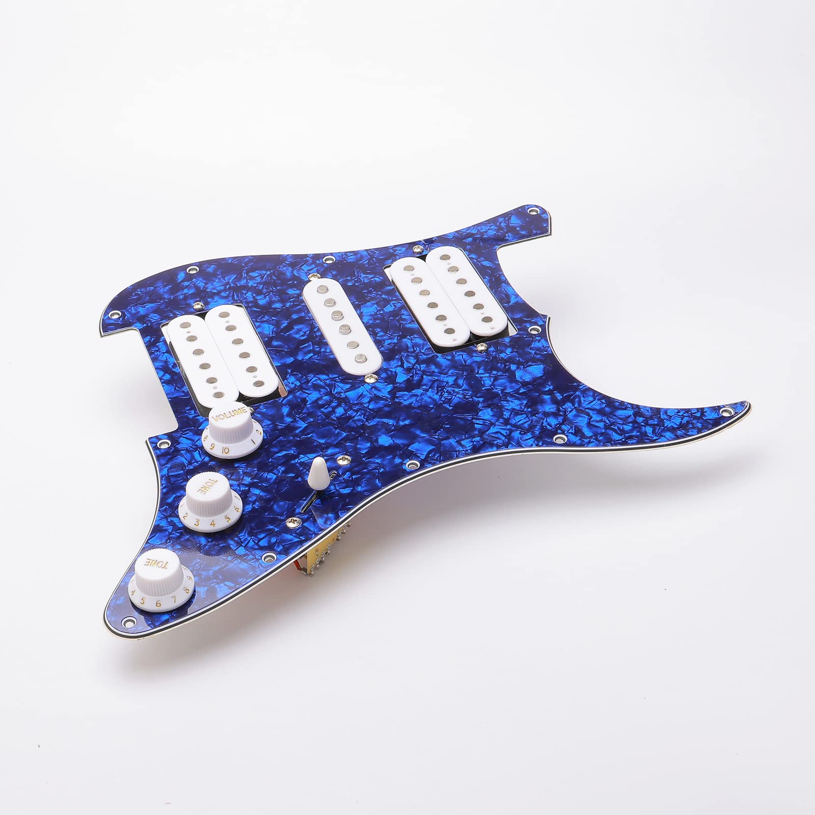 Vorverdrahtete Schlagbrett-Platte mit 11 Löchern, mit weißen HSH-Tonabnehmerteilen für Fender Strat Gitarre, mit Gitarrensaiten und Installationswerkzeug