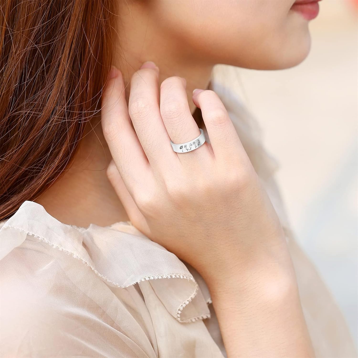 BAUMA AUTO Personalized Birth Month Flower Ring Custom Birth Flower Signet Ring Floral Bouquet Ring for Women Mom Daughter on Birthday Christmas Mother's Day