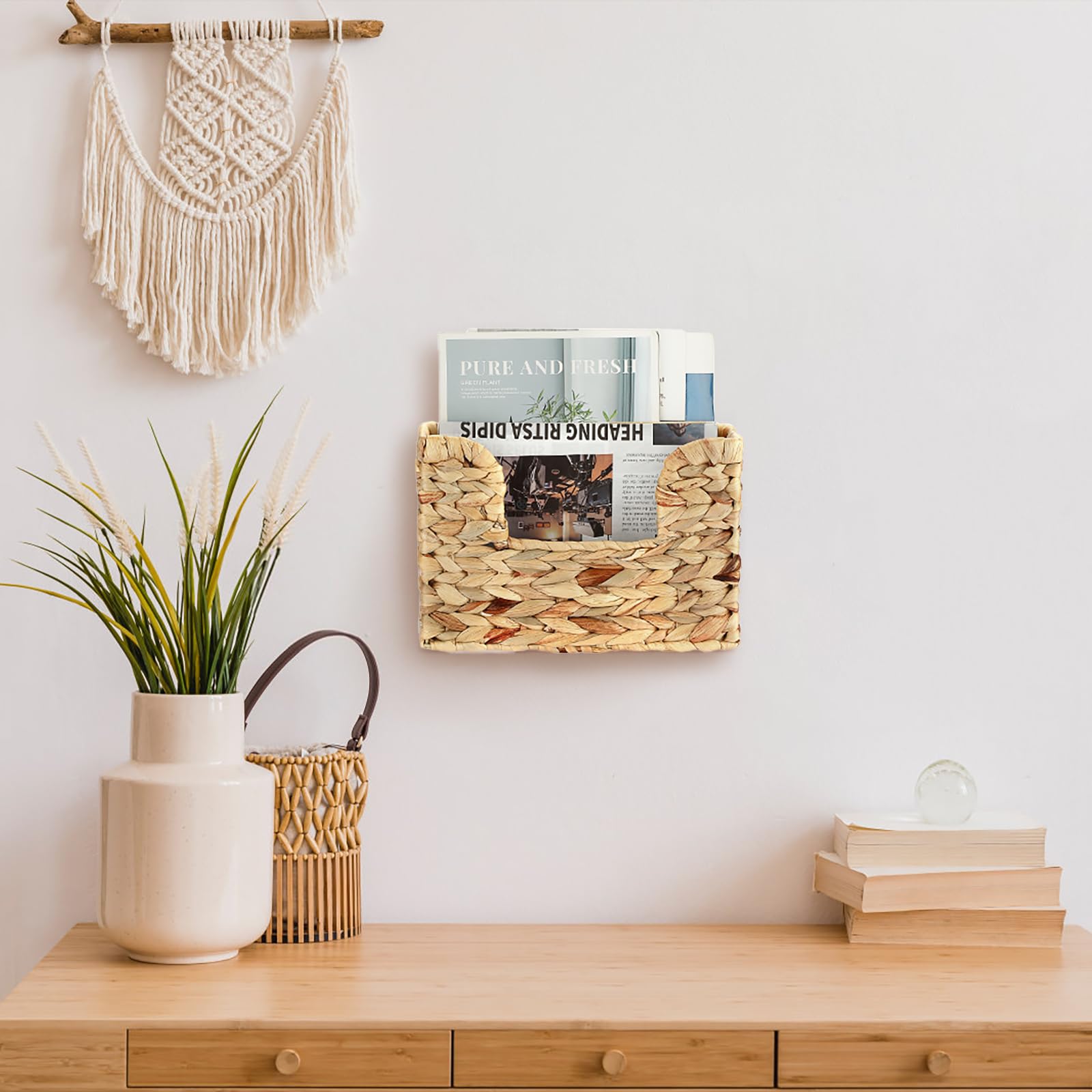 Cesta de pared natural de jacinto de agua, cesta de almacenamiento decorativa para pared o puerta, de algas marinas, tejido impermeable, para cartas, facturas, revistas, flores