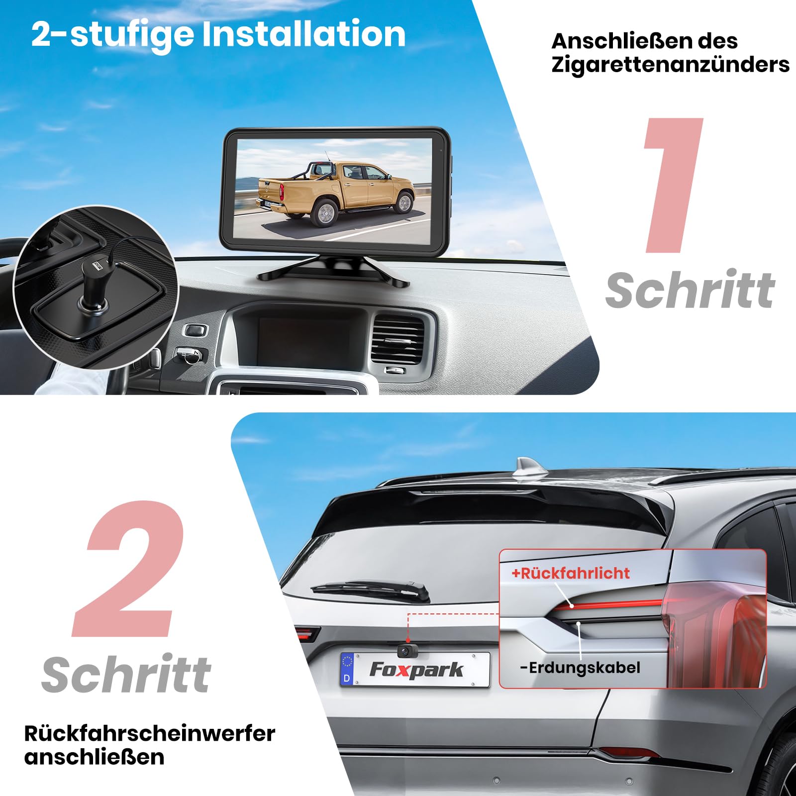 Foxpark Rückfahrkamera Kabellos 4,8" 1080P Funk 2 Kameras IP69K Wasserdicht 6 Parkhilfslinien Auto LKW Wohnmobil