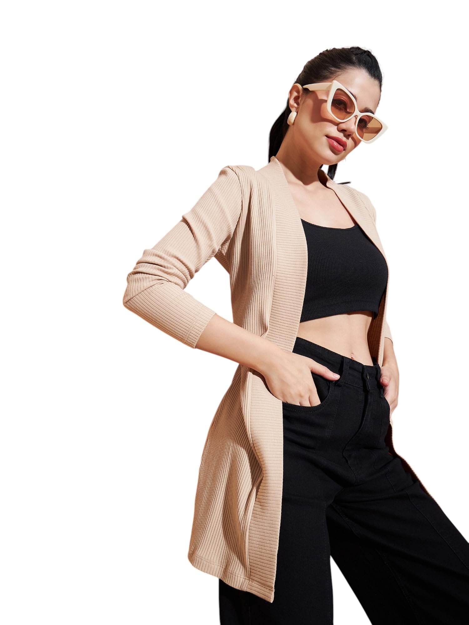Beige Full Sleeves Rib Shrug-image-10