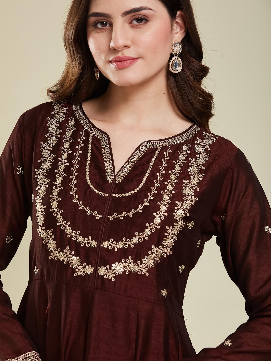 MOKOSH Women's Silk Embroidered Anarkali Kurta Pant Dupatta Set (444-05-L) Coffee - Image 7 thumbnail