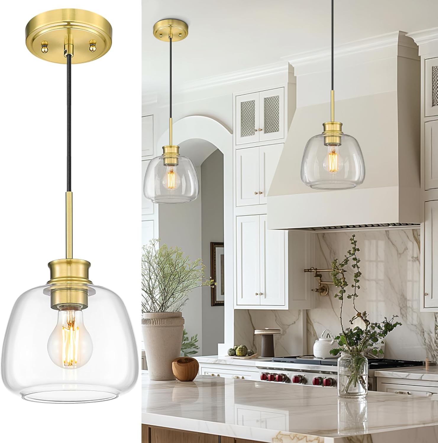 kudos 7 inch Gold Pendant Lights Kitchen Island, Farmhouse Hanging Kitchen Lights with Clear Globe Glass Shade, Mid Century Globe Lights for Dining Room Entryway, KDPL12-GD-S Gold 7 inch