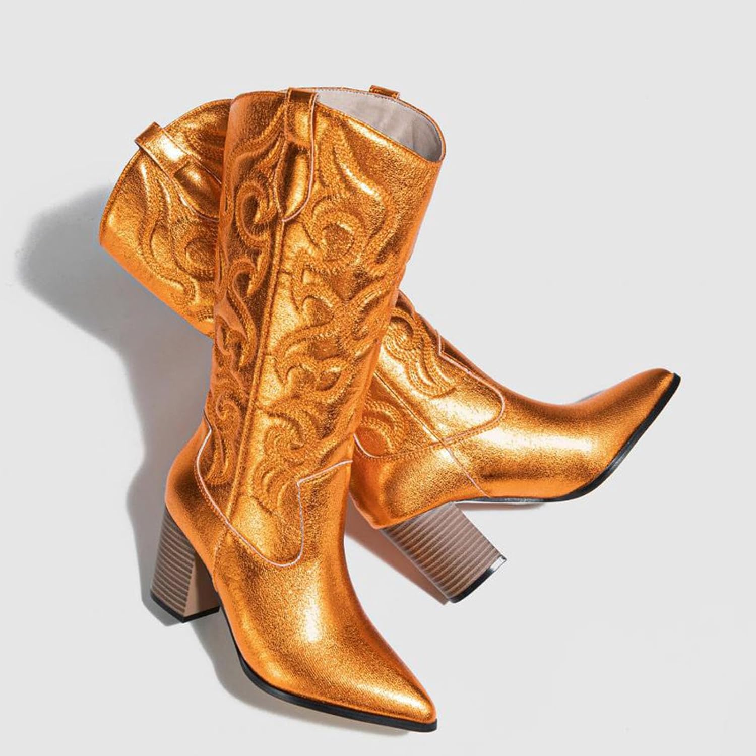 Women Western Cowboy Boots 2025 Knee High Pointed Toe Chunky Heel Pull On Zipper Embroidered Retro Classic Tall Boot Wet Metallic Country Vintage Boots
