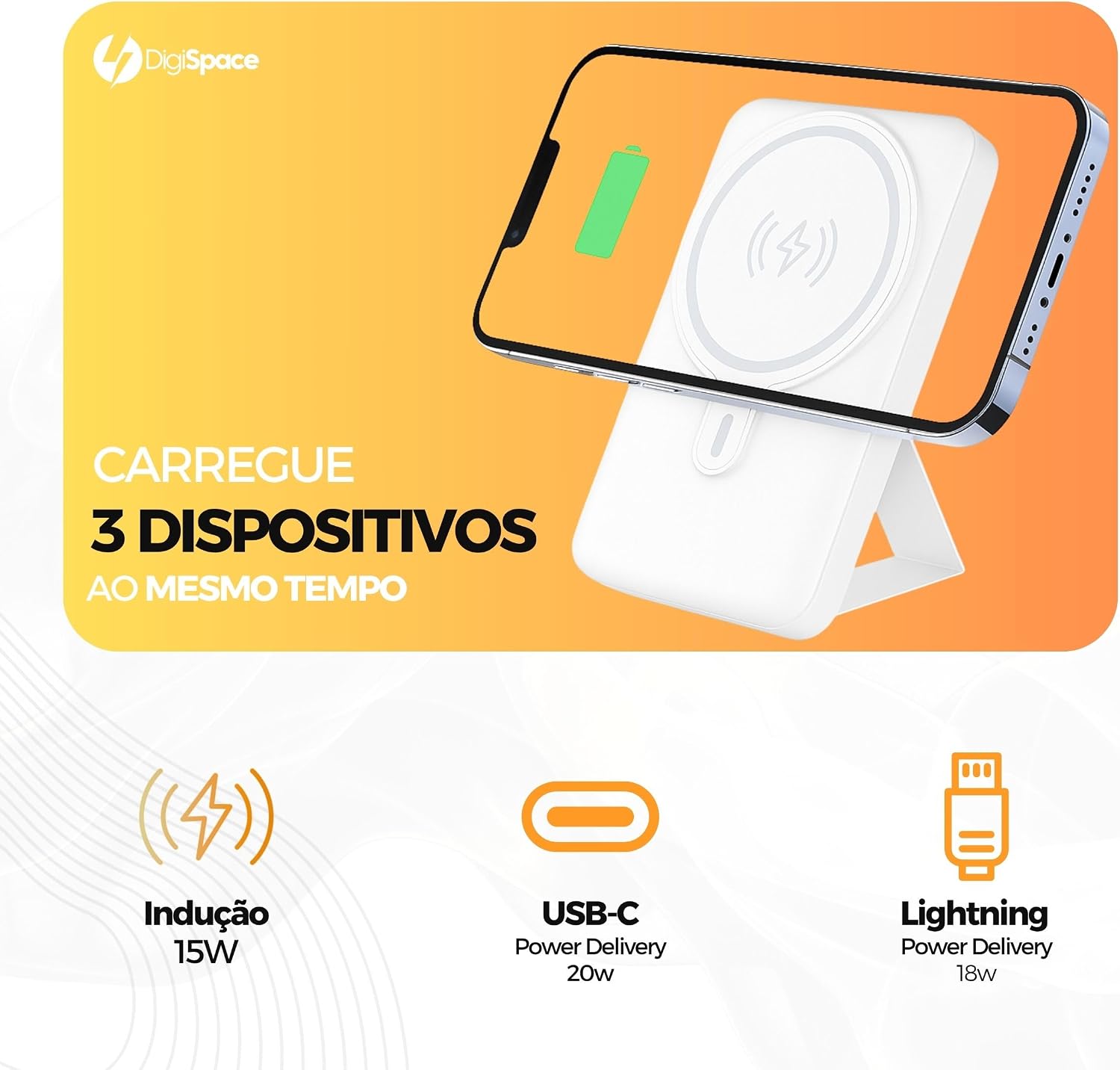 Power Bank, Carregador Portátil por Indução Universal 10.000mAh Turbo 22.5W Ultra Rápido Com Suporte Dobrável Compatível com Todo Celular de Carregamento Magnético Android e IOS (Branco)