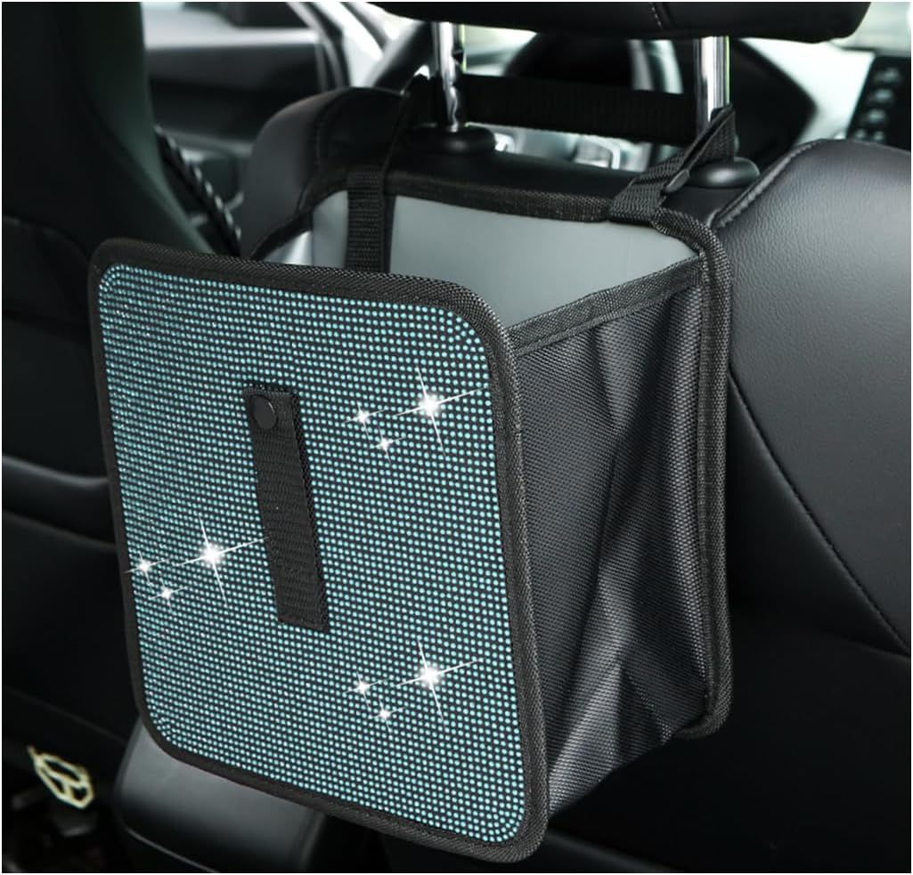 Ohleats Foldable Car Trash Can, Bling Rhinestone Oxford Auto Hanging Garbage Bag, Crystal Leakproof Foldable Waste Organizer Universal for Most Vehicles, Interior Car Accessories (Red)