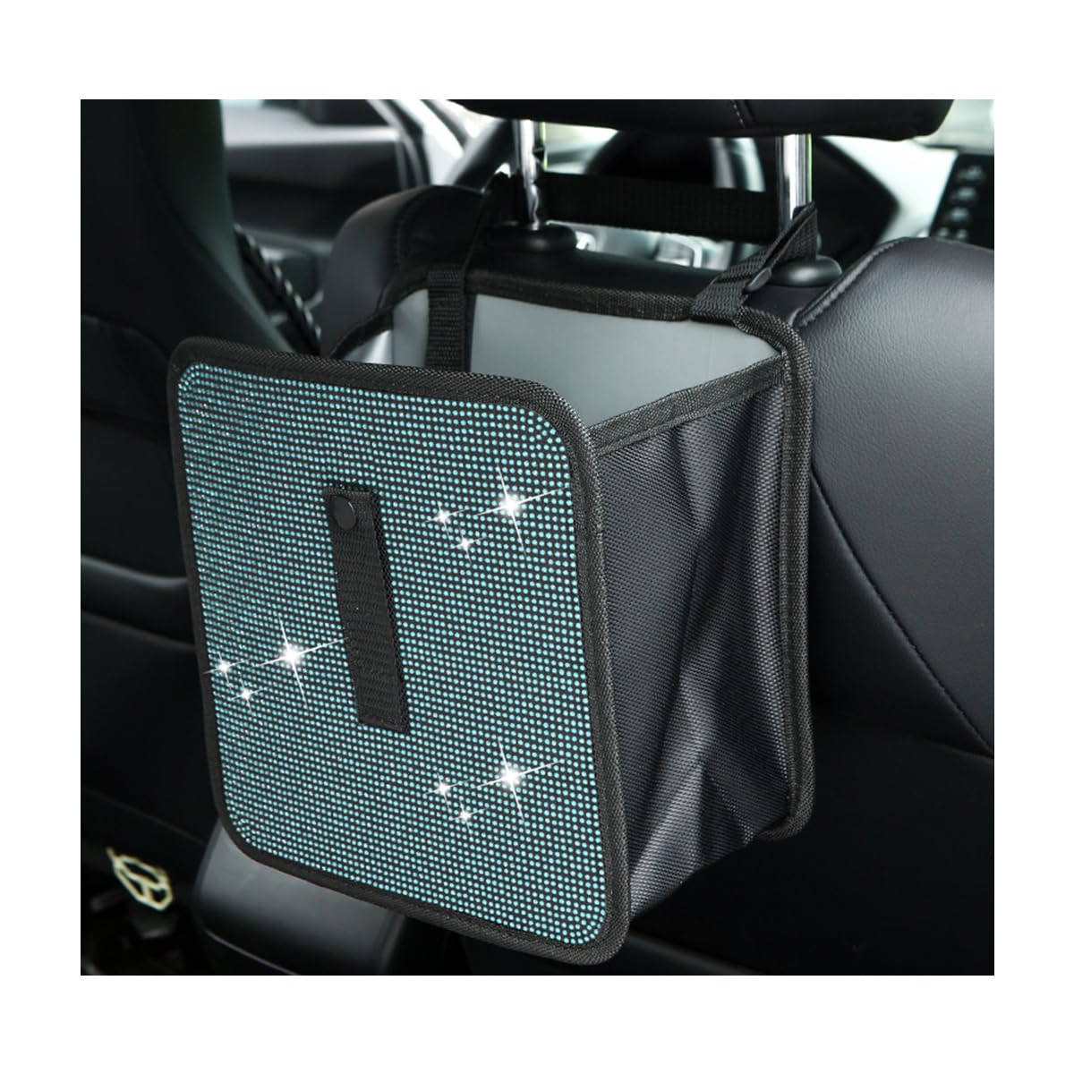 Cubo de basura plegable Ohleats para coche, con brillantes de imitación Oxford, bolsa de basura colgante para coche, organizador de residuos plegable a prueba de fugas, universal para la mayoría de los vehículos, accesorios interiores para coche, color azul lago