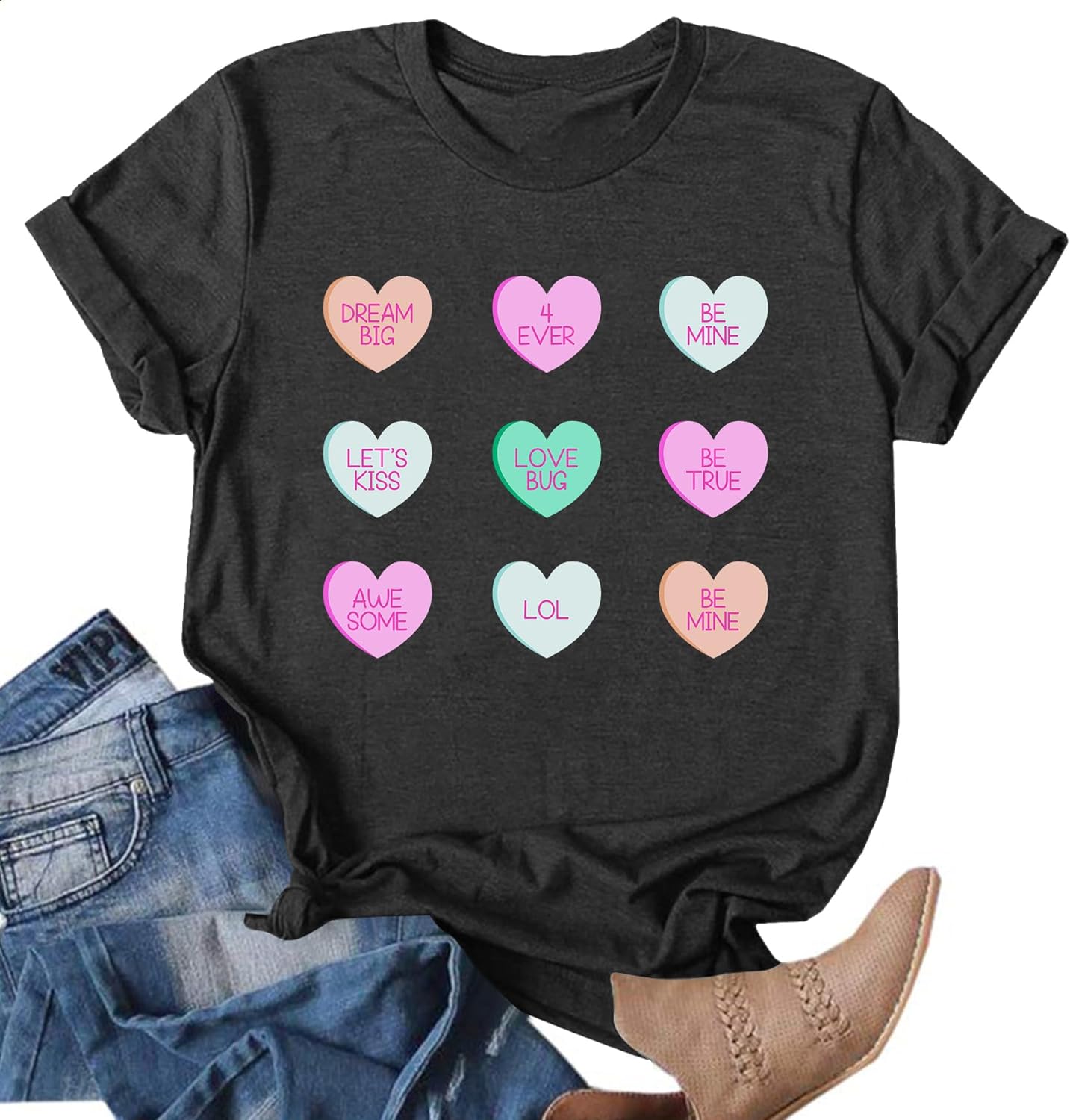 NEWWEN Valentines Shirts for Women Cute Candy Heart Tshirt Graphic Valentine Gift Tee Casual Hearts Tops